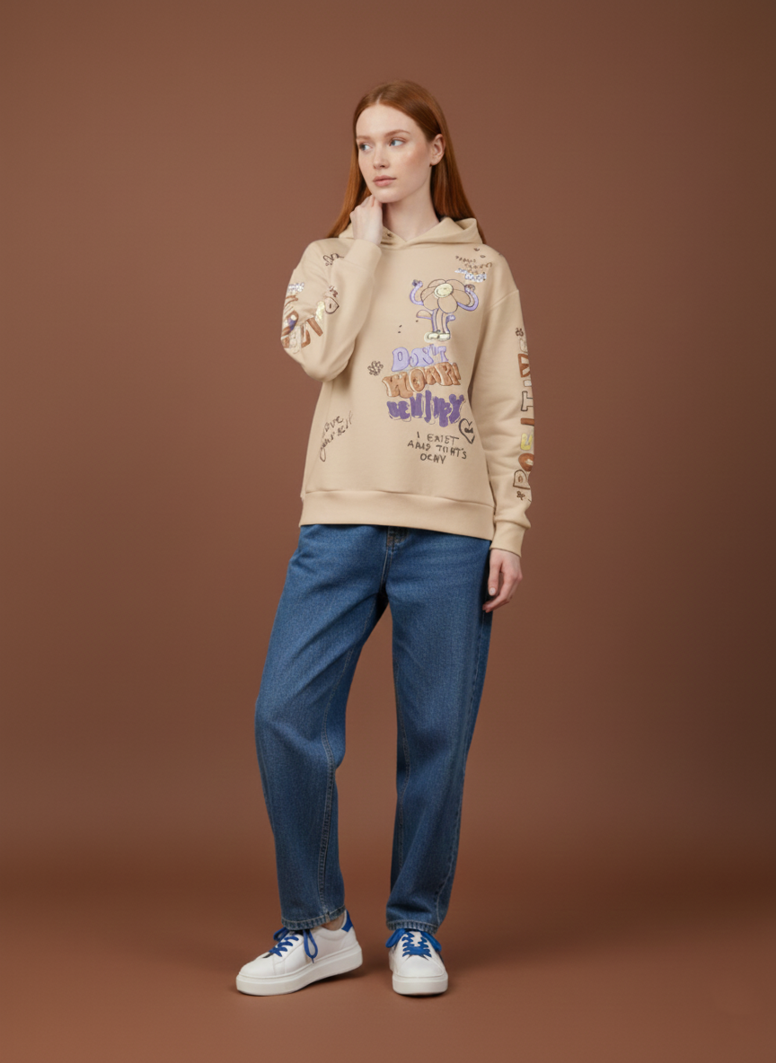Beige Doodle Hoodie