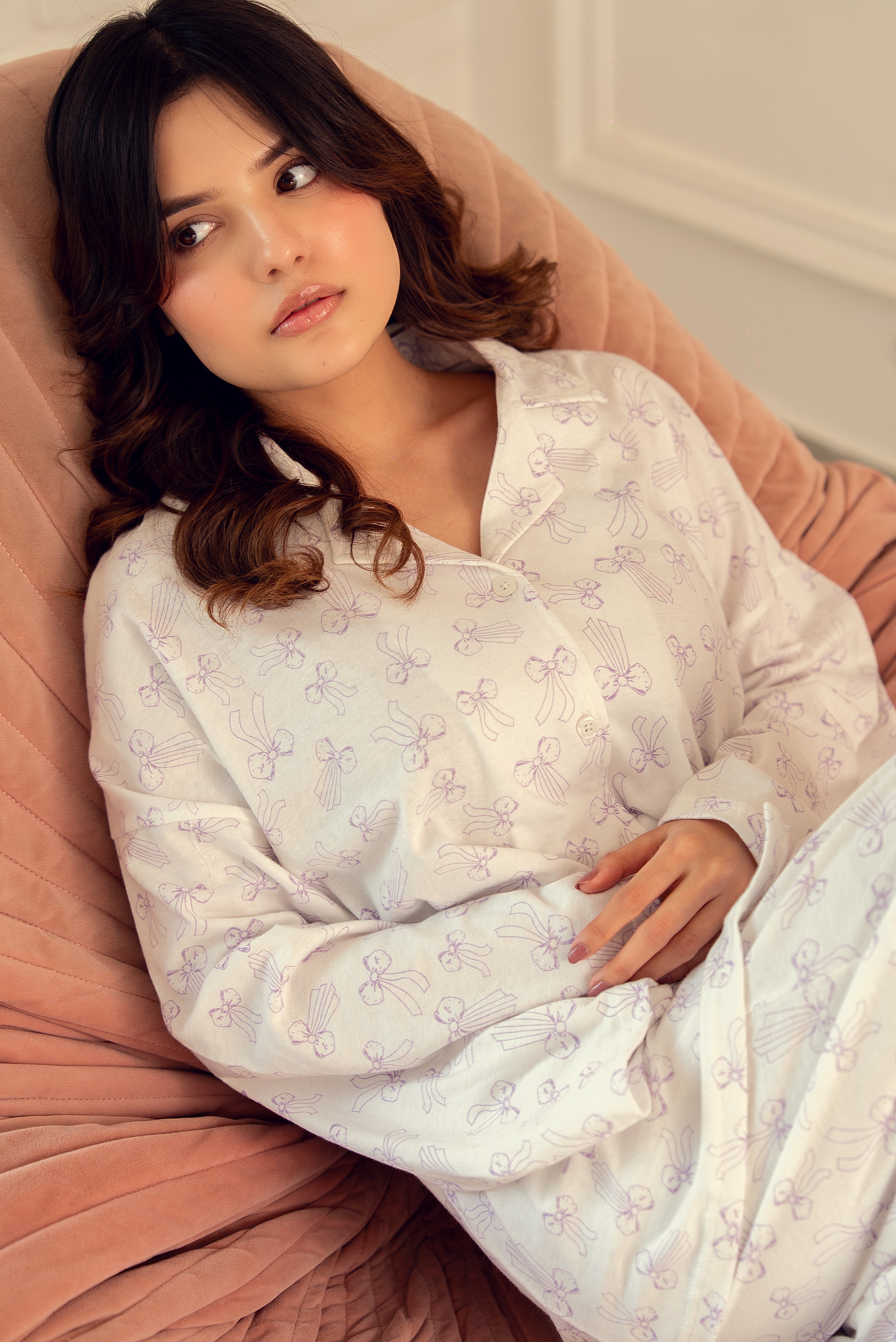 Soft Cotton Jersey Lavender Bow PJ Set