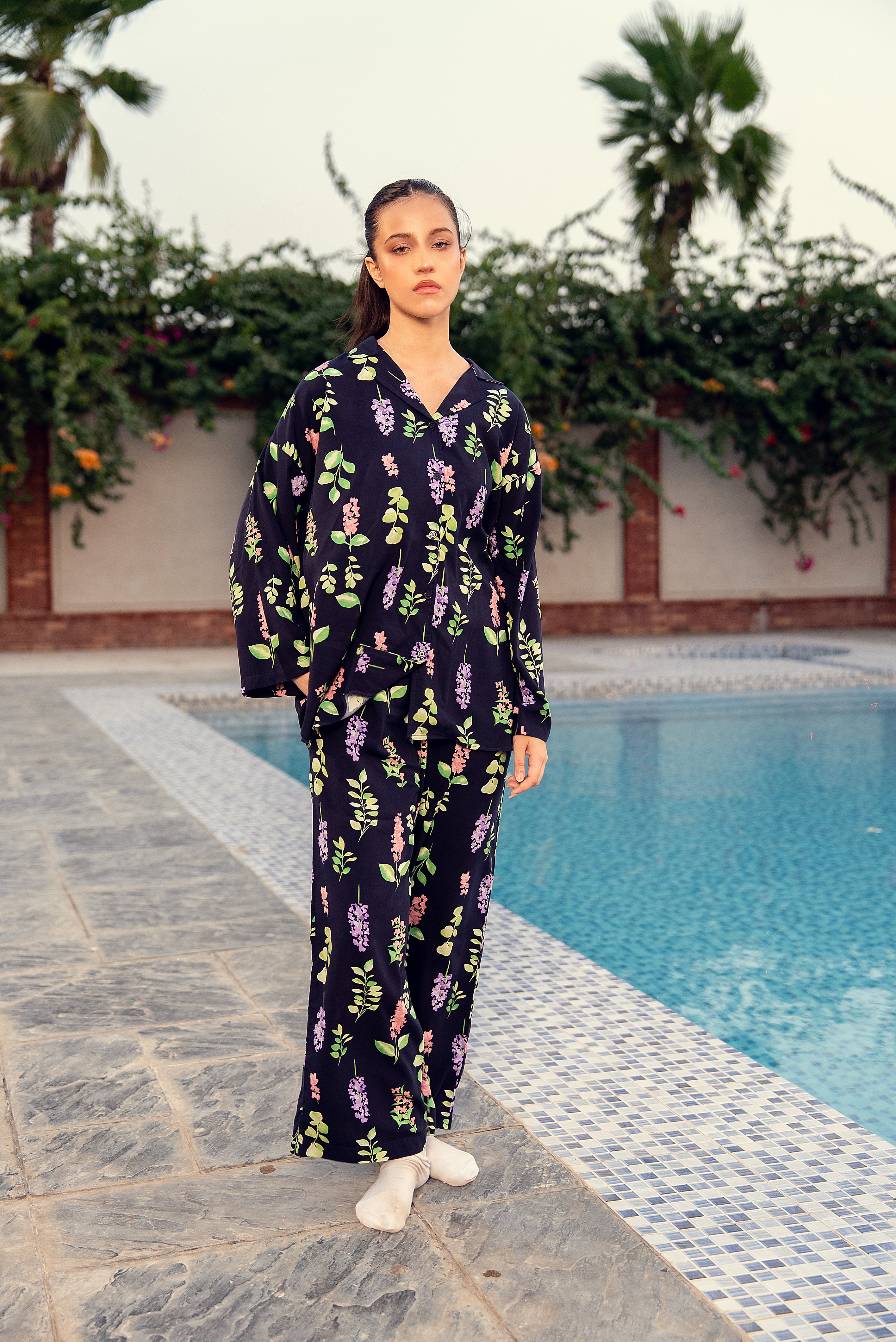 Navy Blossom Printed Linen Nightwear