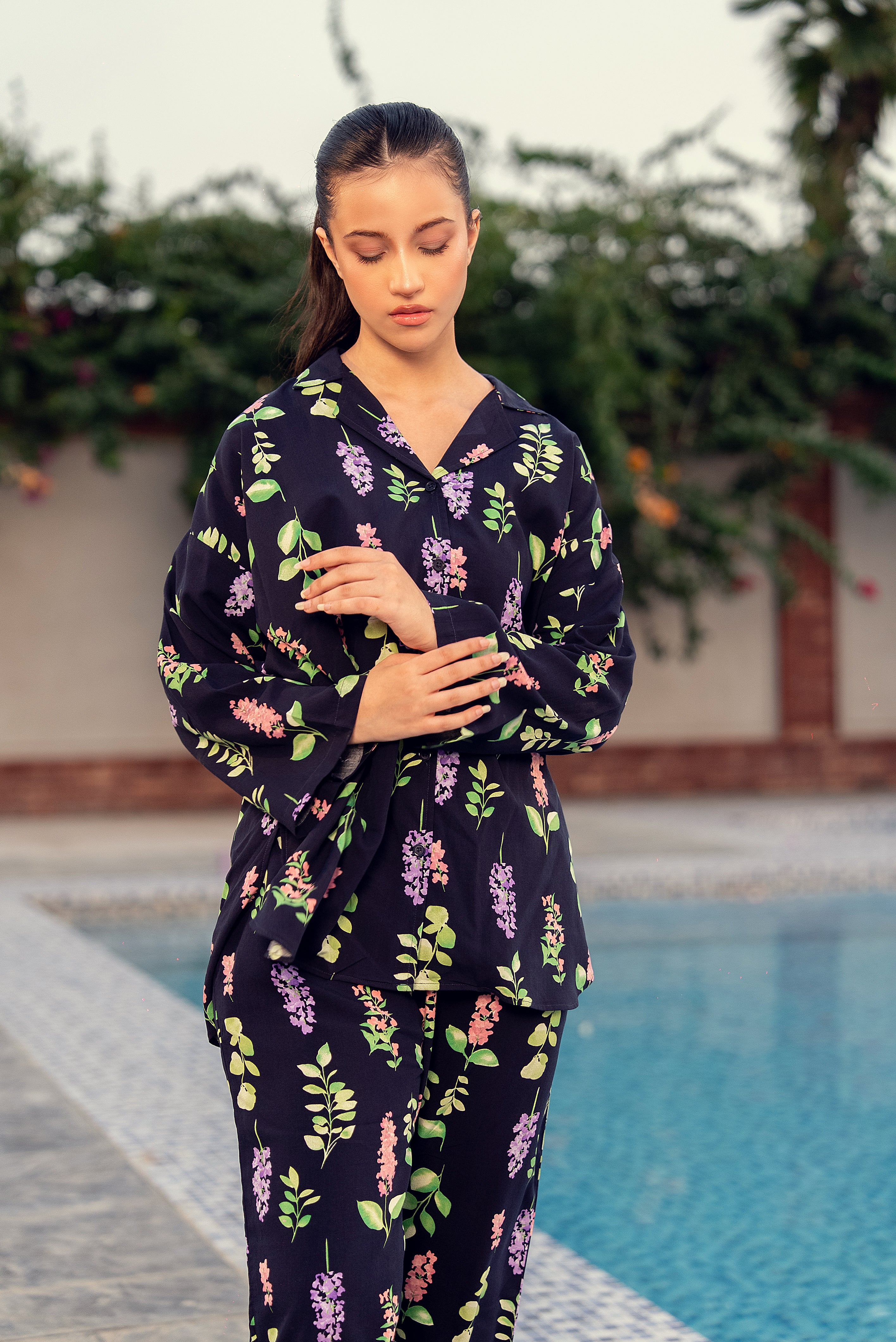 Navy Blossom Printed Linen Nightwear