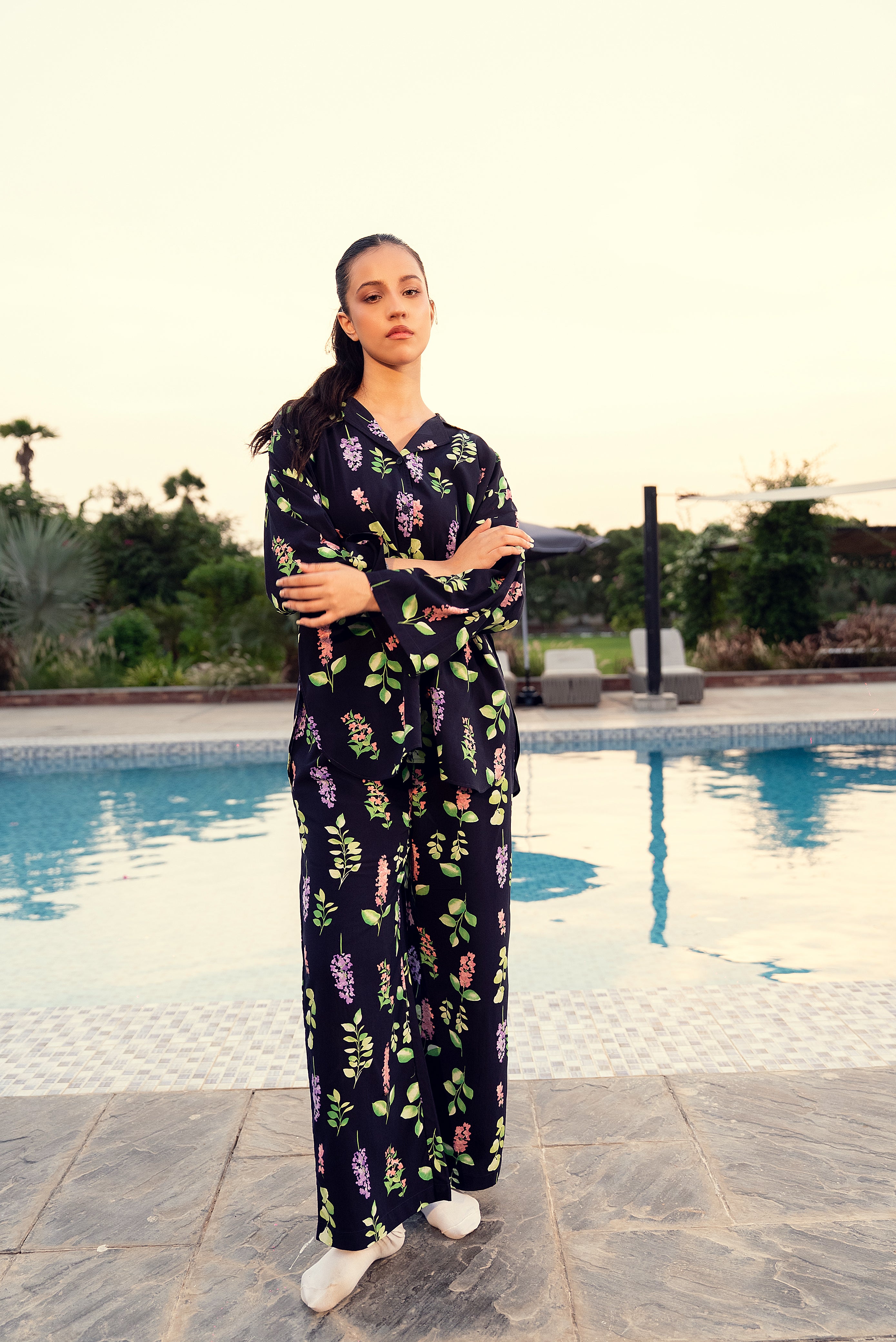 Navy Blossom Printed Linen Nightwear