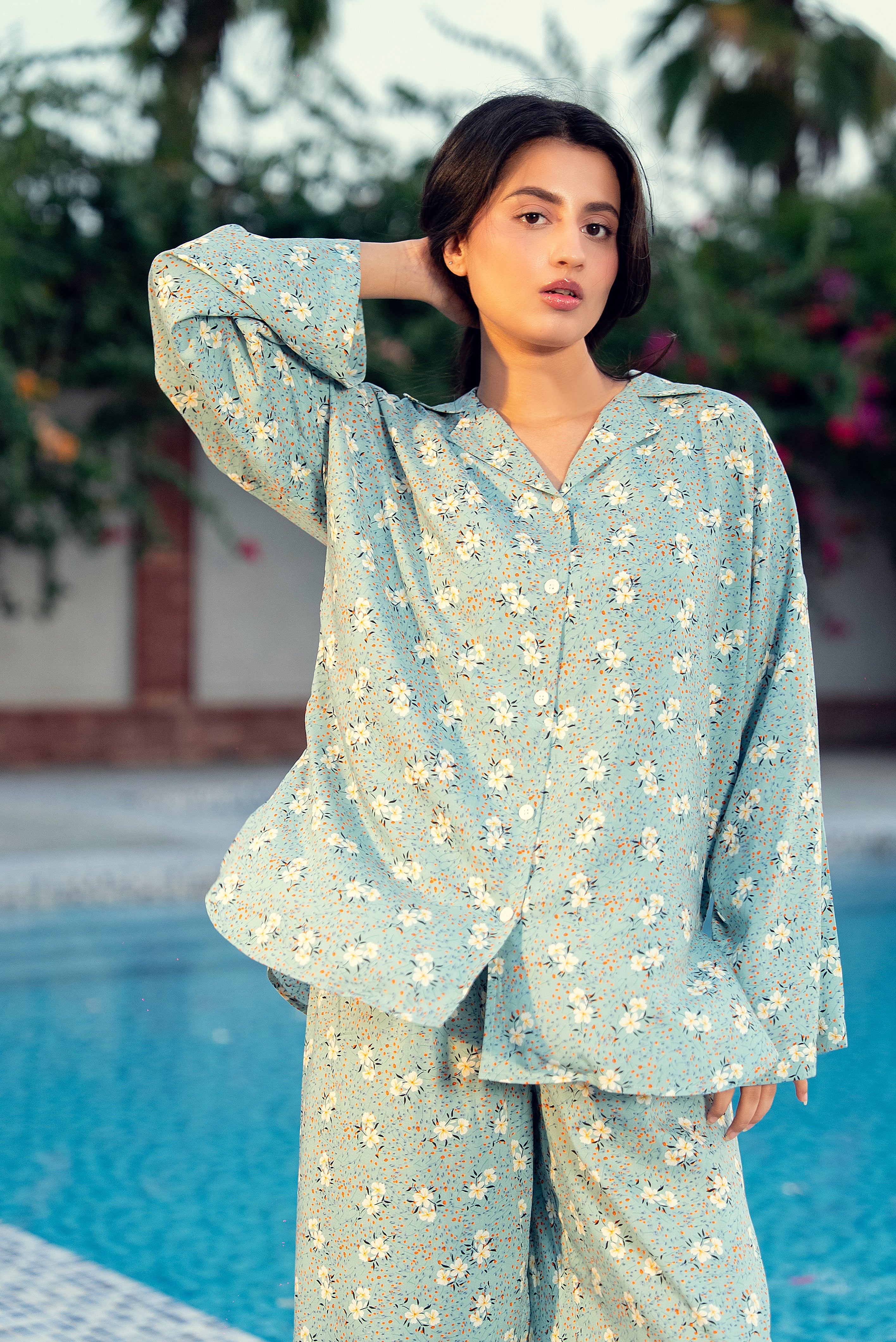 Mint Meadow – Floral Printed Linen Nightwear Set