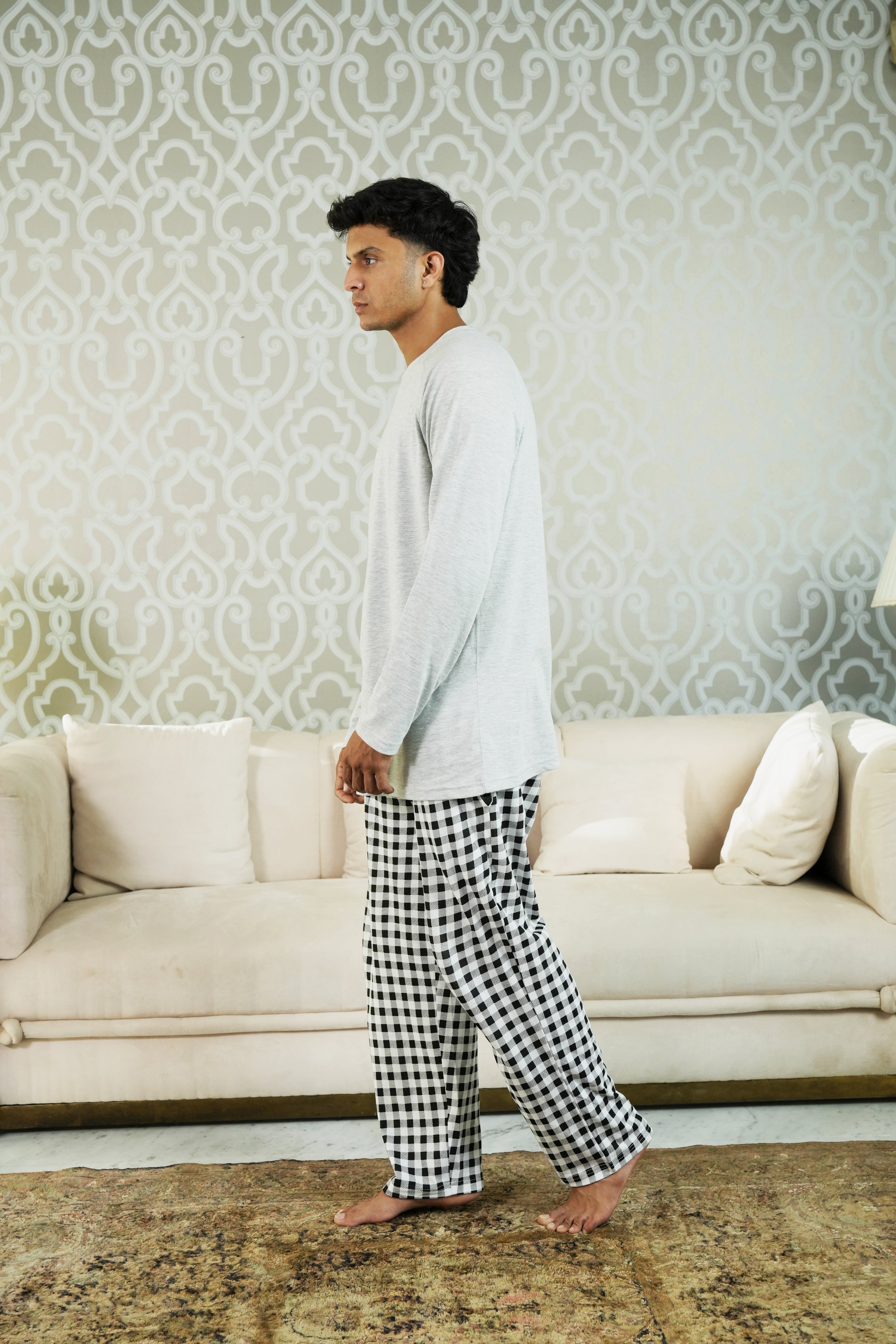 Men’s Check Print Nightwear – Heather Grey