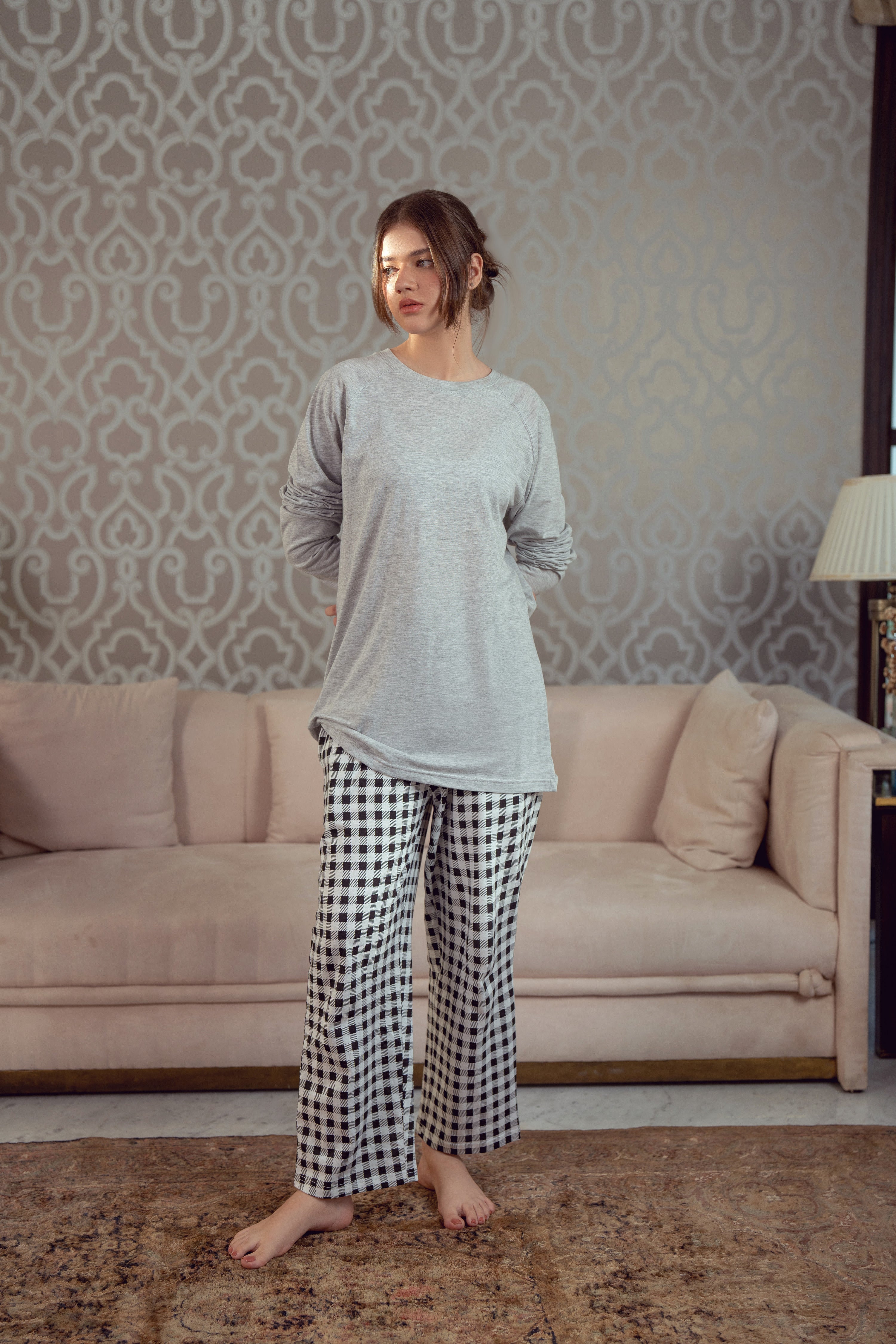 Women's Checked Nightwear – Heather Grey