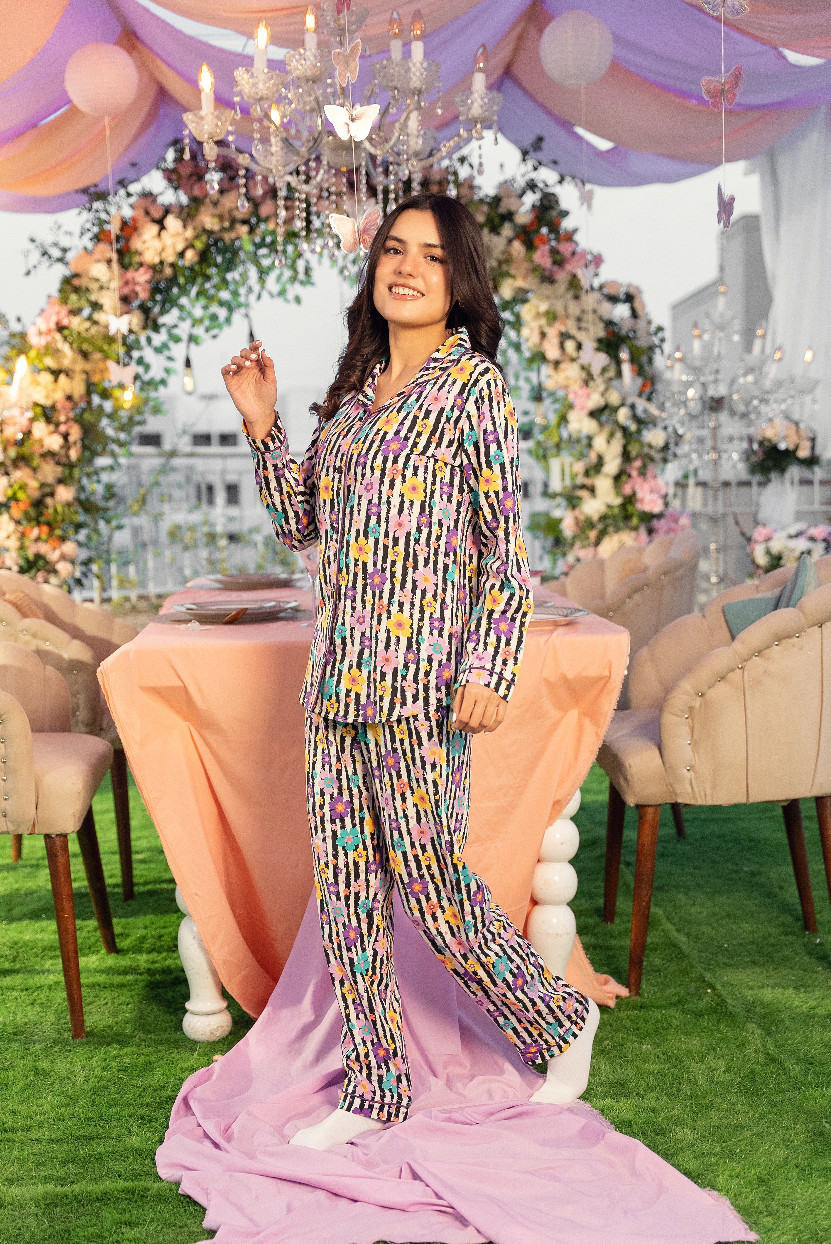 Floral Stripe Linen Pajama Set