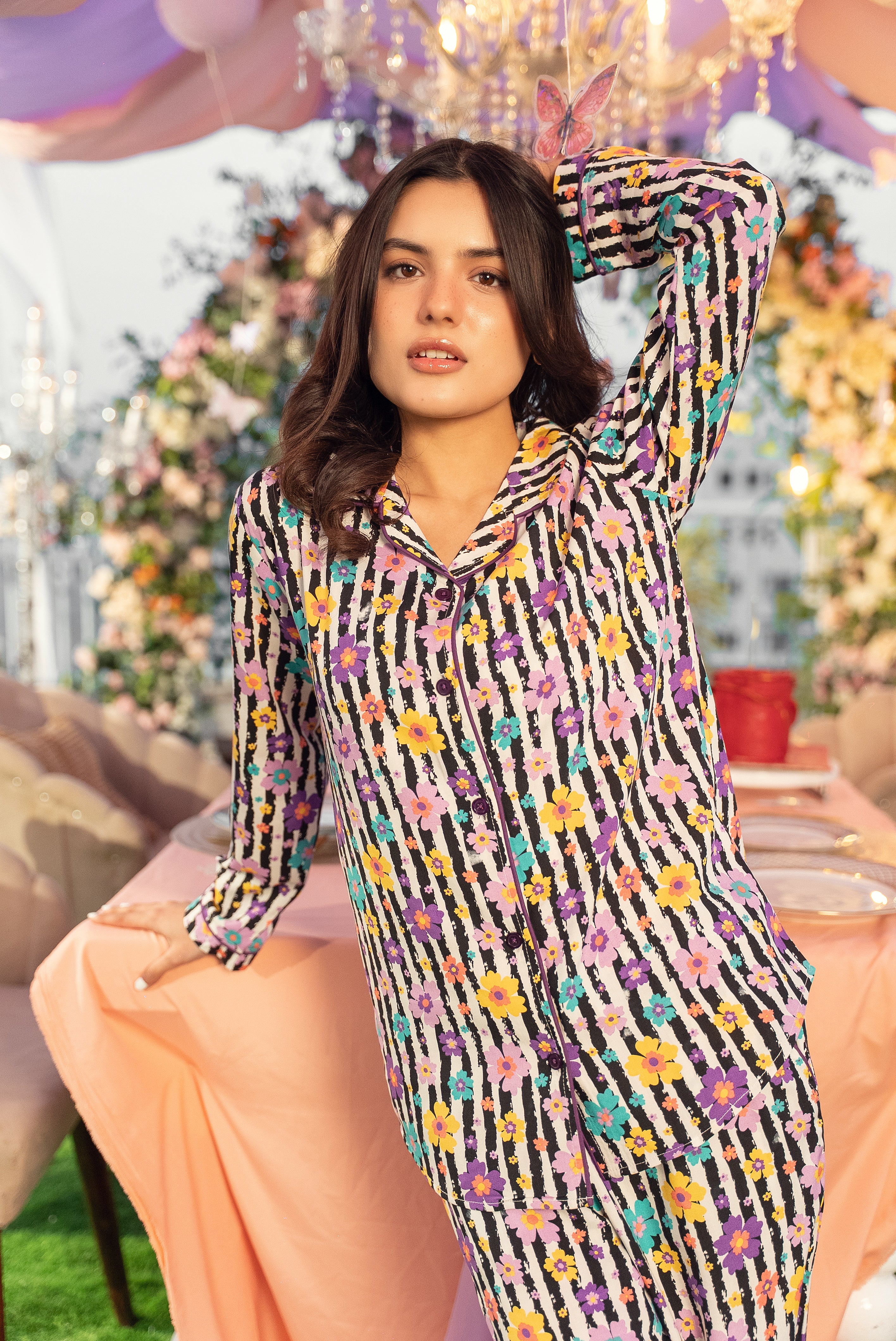 Floral Stripe Linen Pajama Set