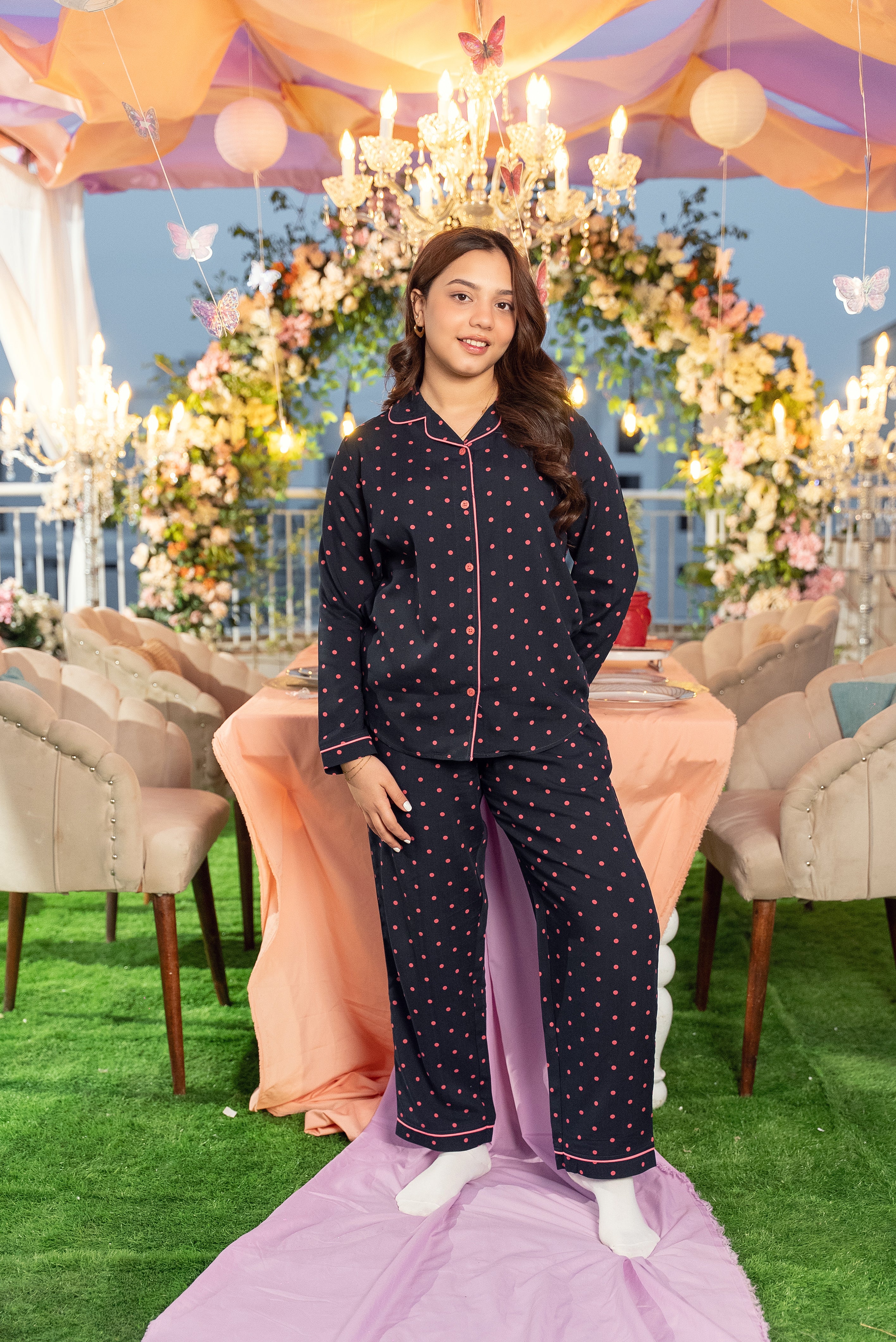 Midnight Polka Dot Linen Pajama Set