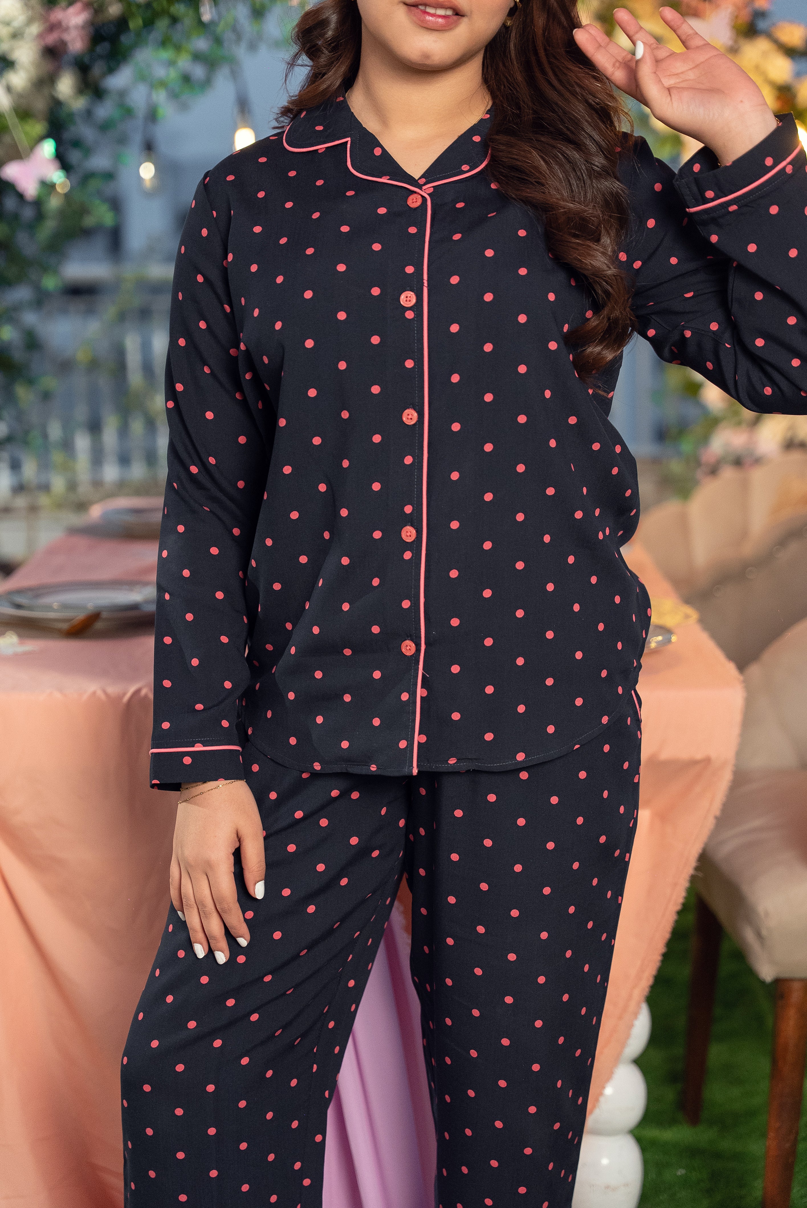 Midnight Polka Dot Linen Pajama Set
