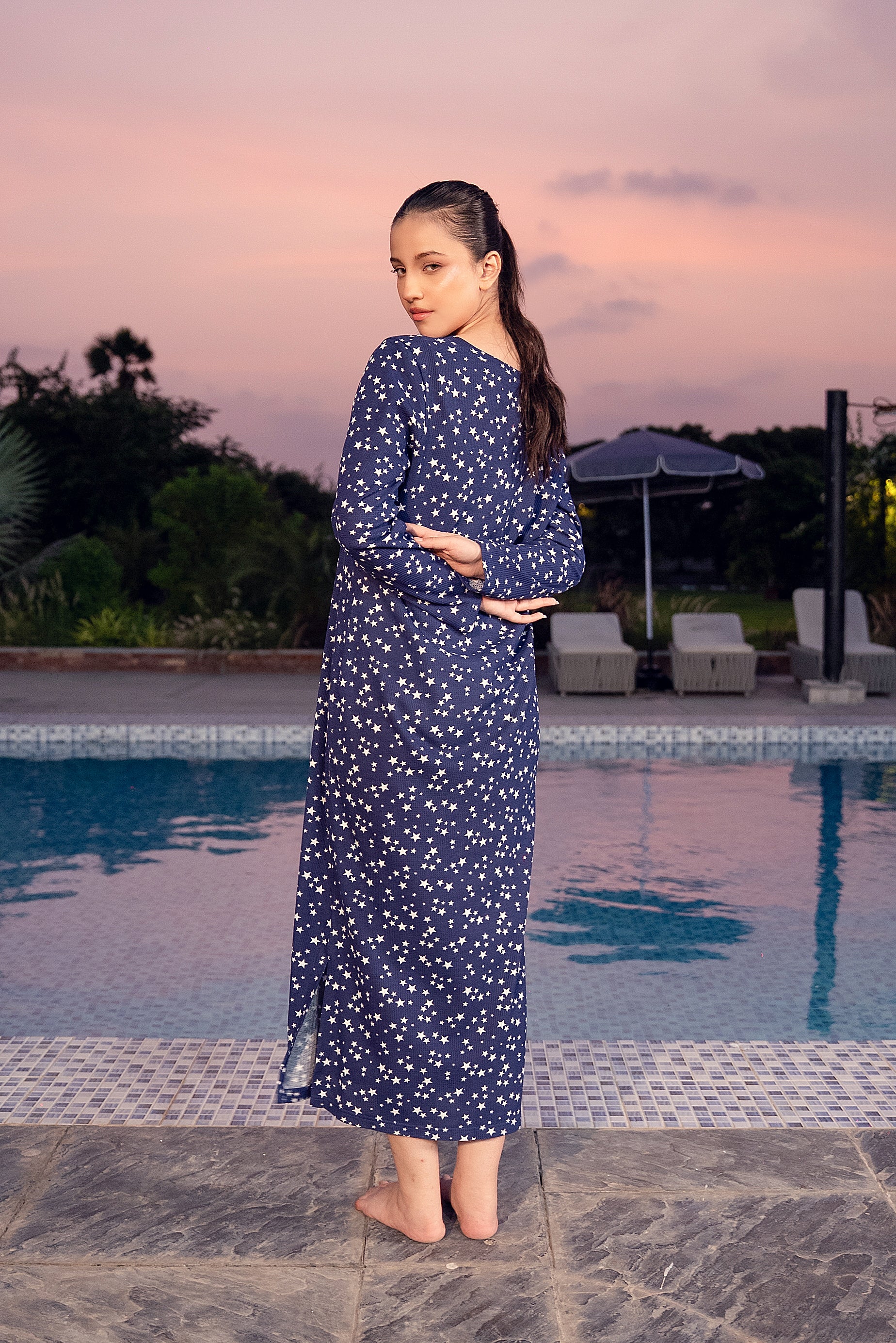 Navy Star Print Thermal Nightdress