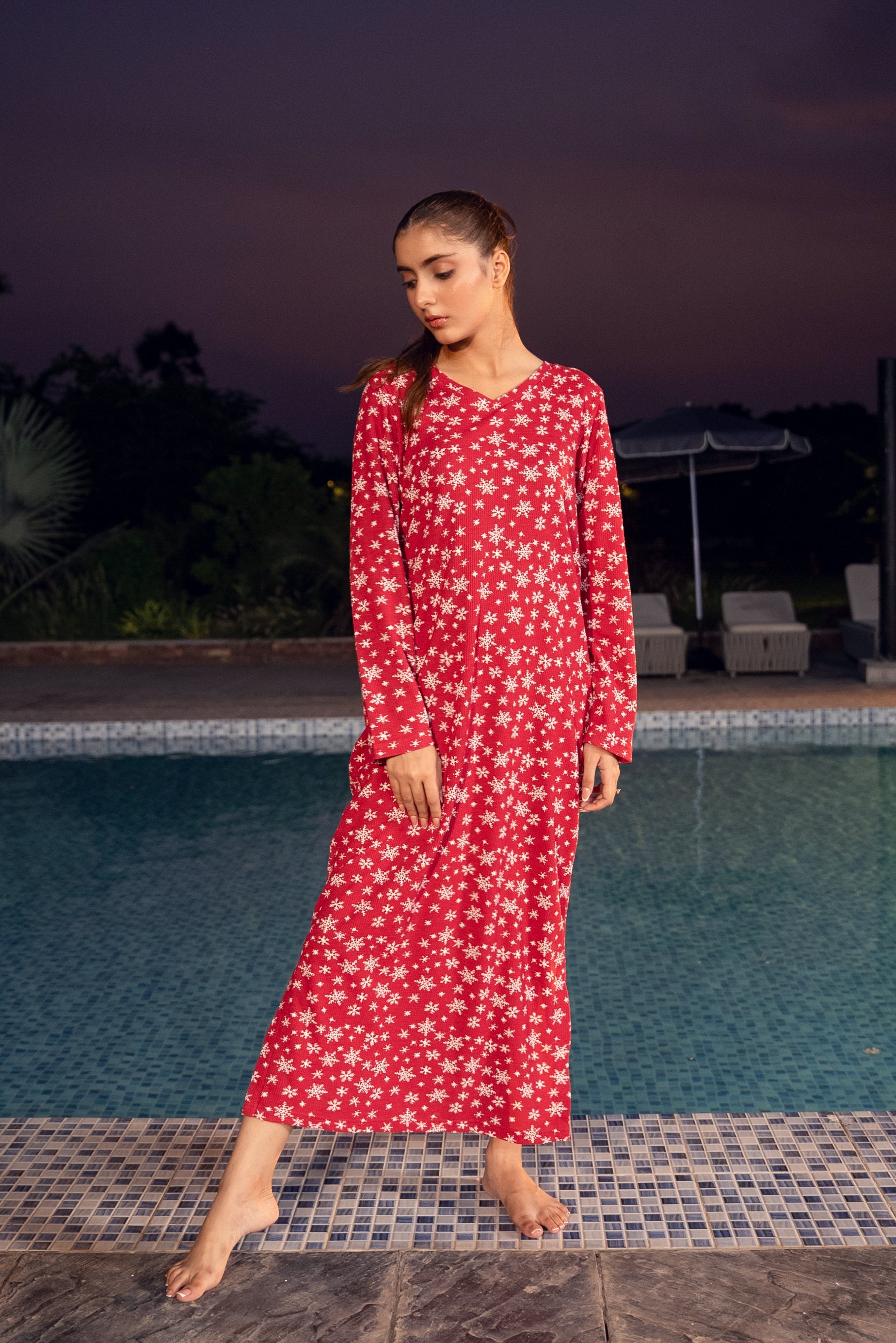 Red Snowflake Thermal Nightdress