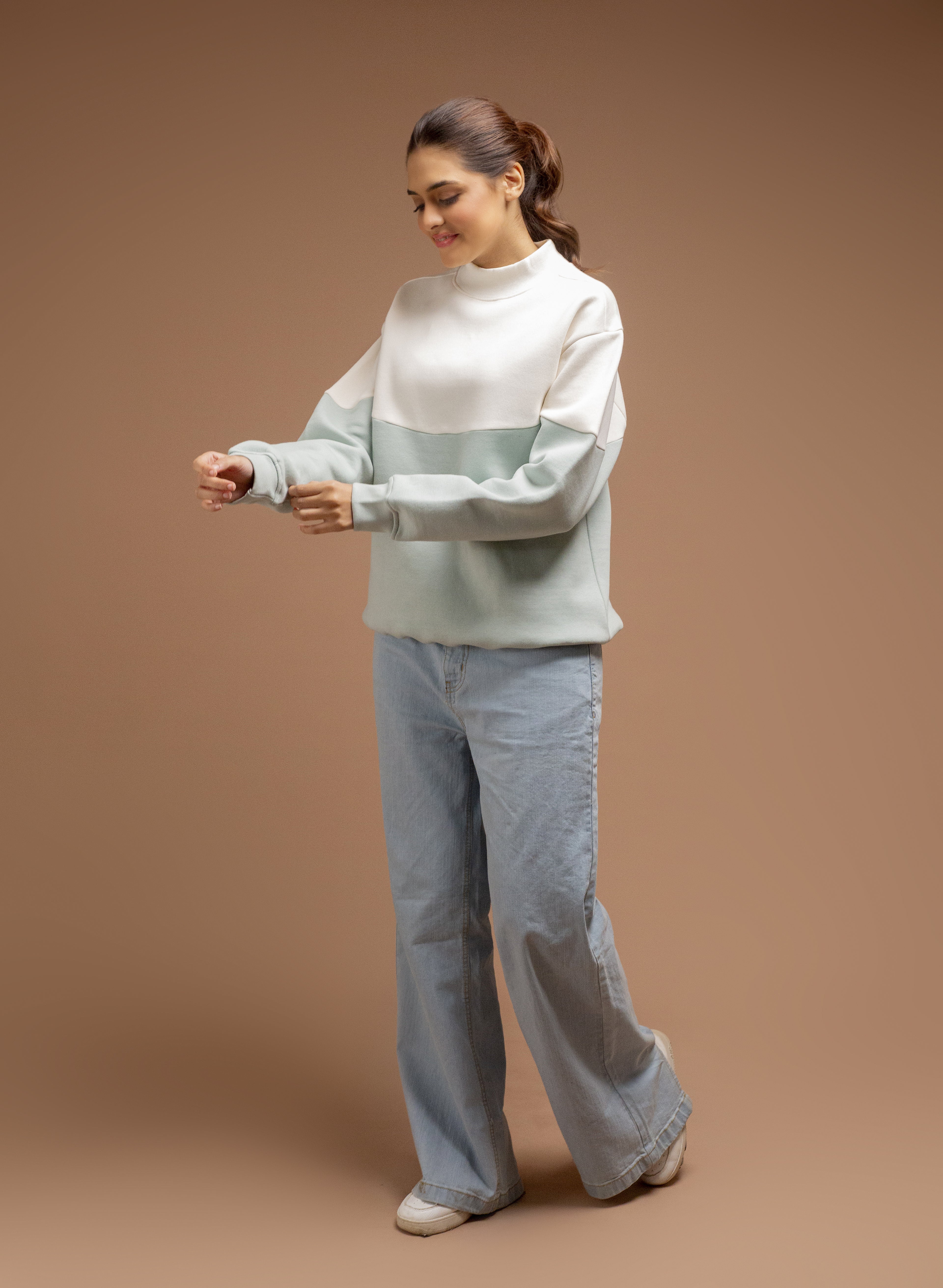Color Block Sweatshirt - Light Sage Green | White
