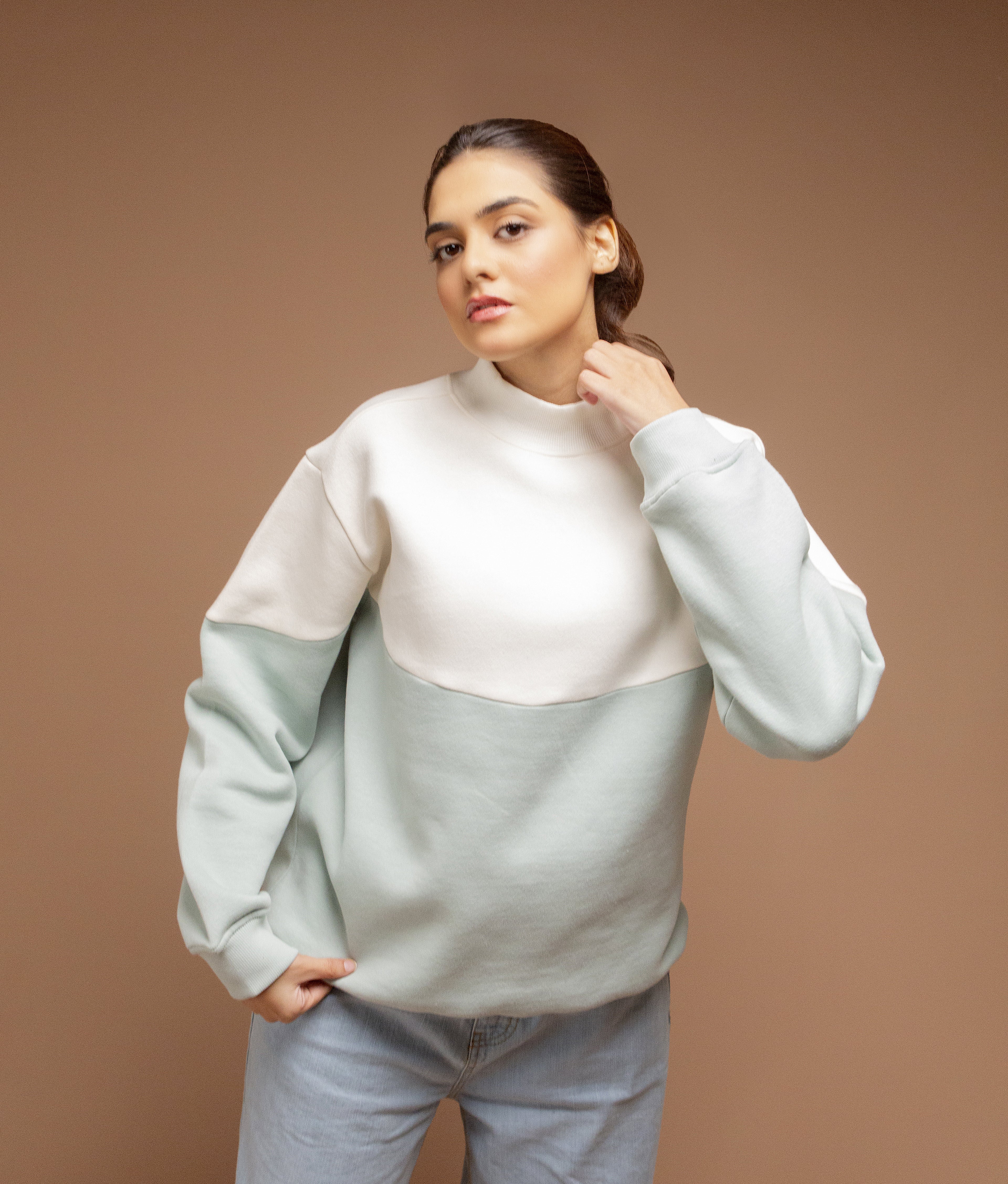 Color Block Sweatshirt - Light Sage Green | White