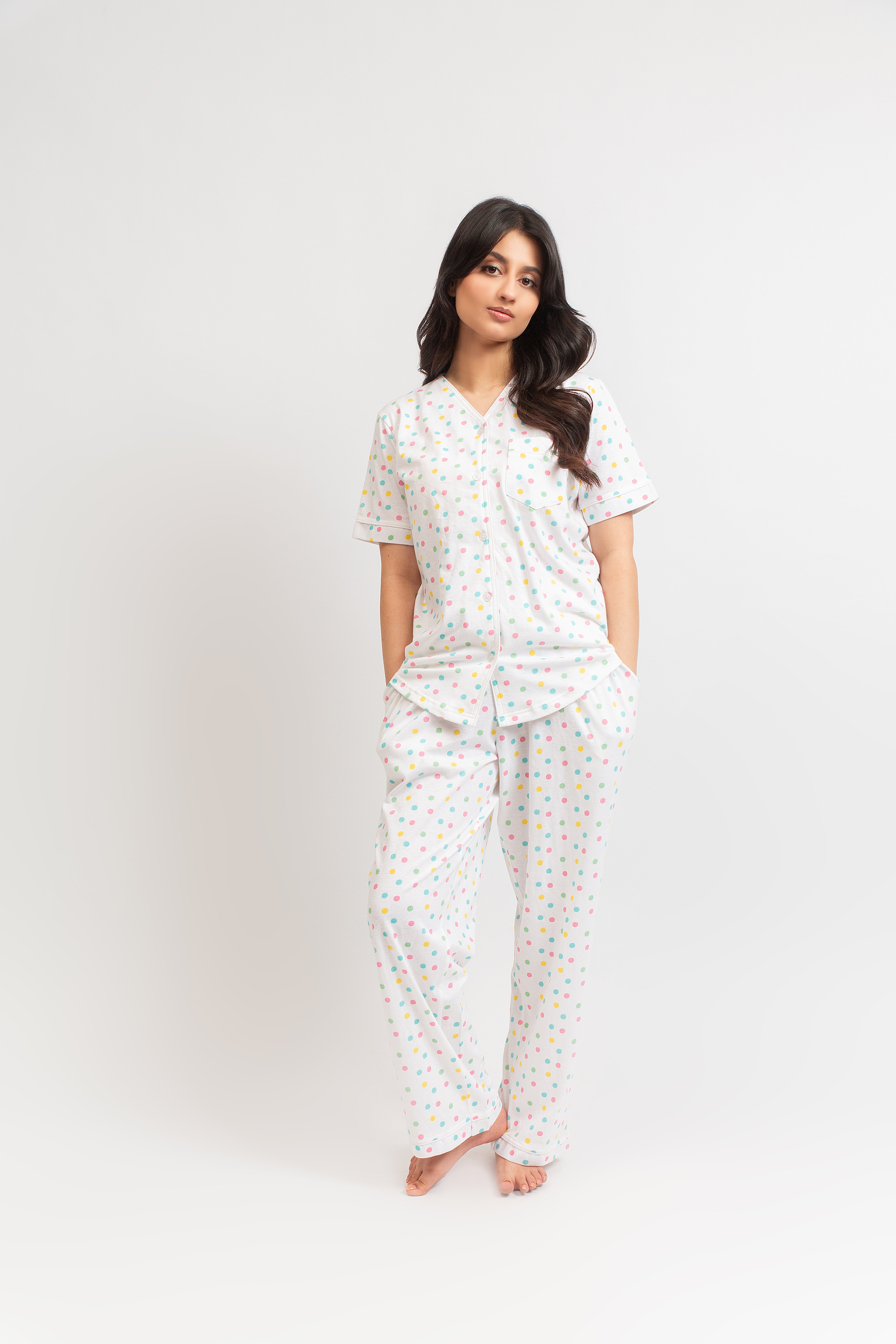 Front Open Pj Set - Multi Dots