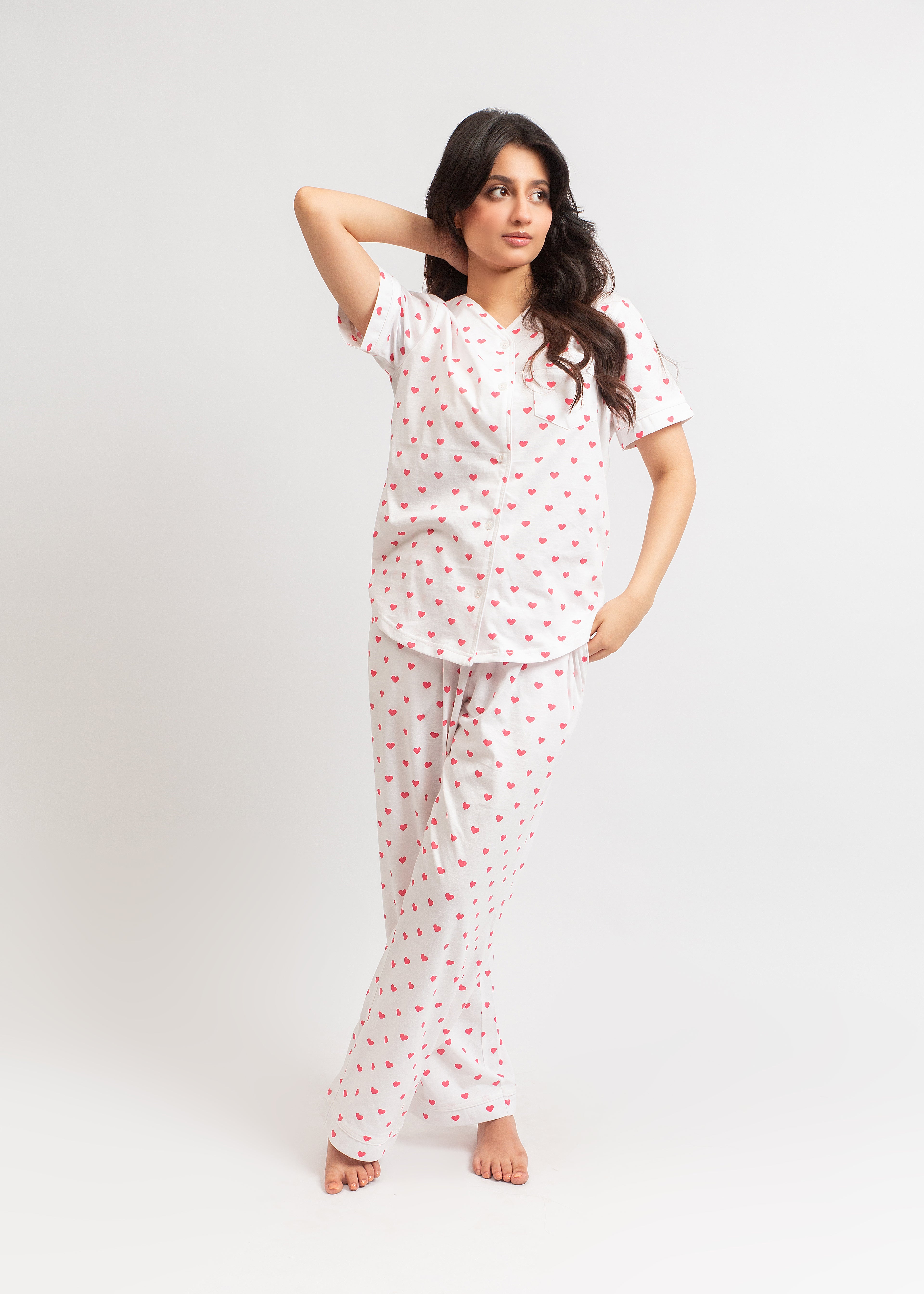 Front Open Pj Set - Pink Heart
