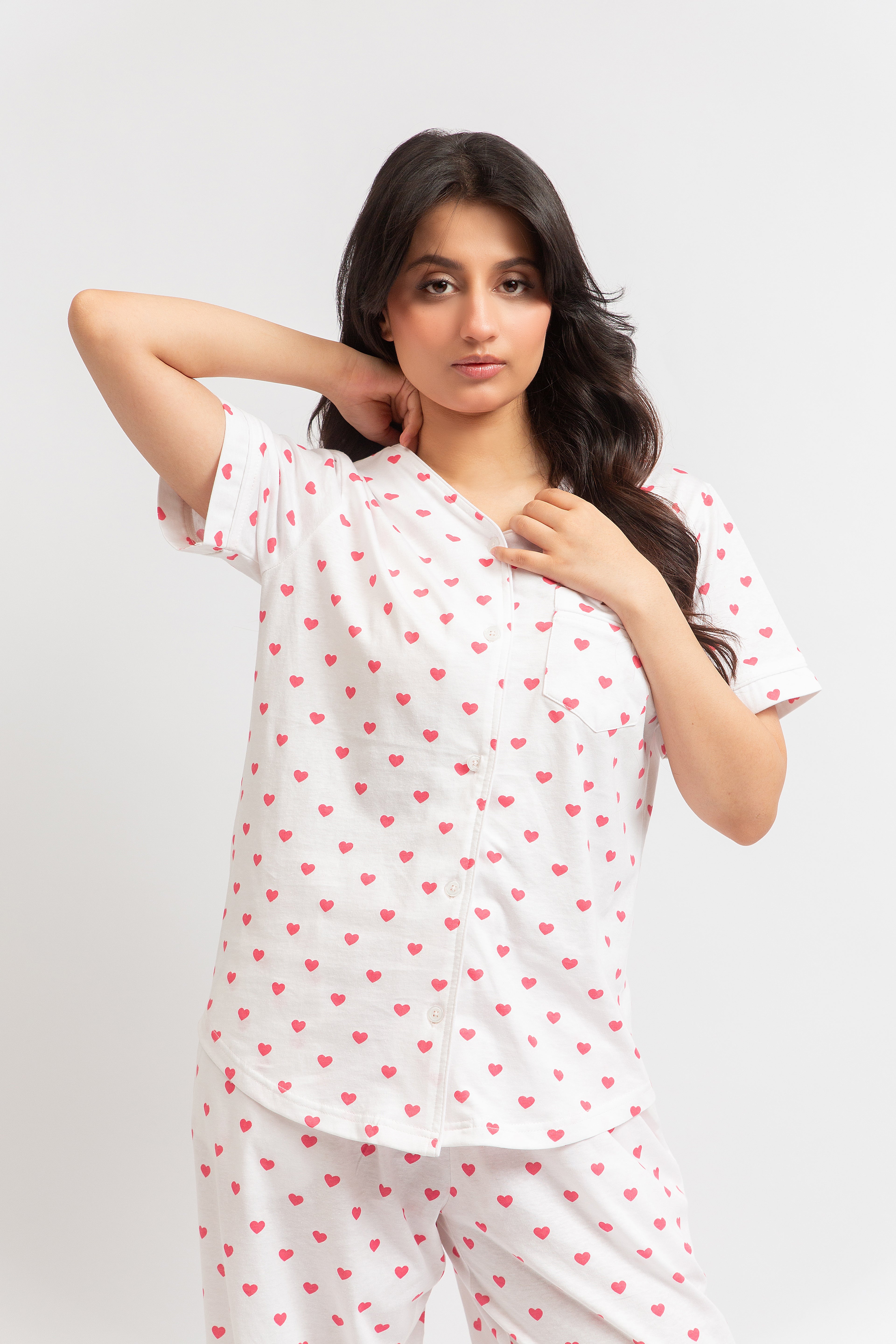 Front Open Pj Set - Pink Heart