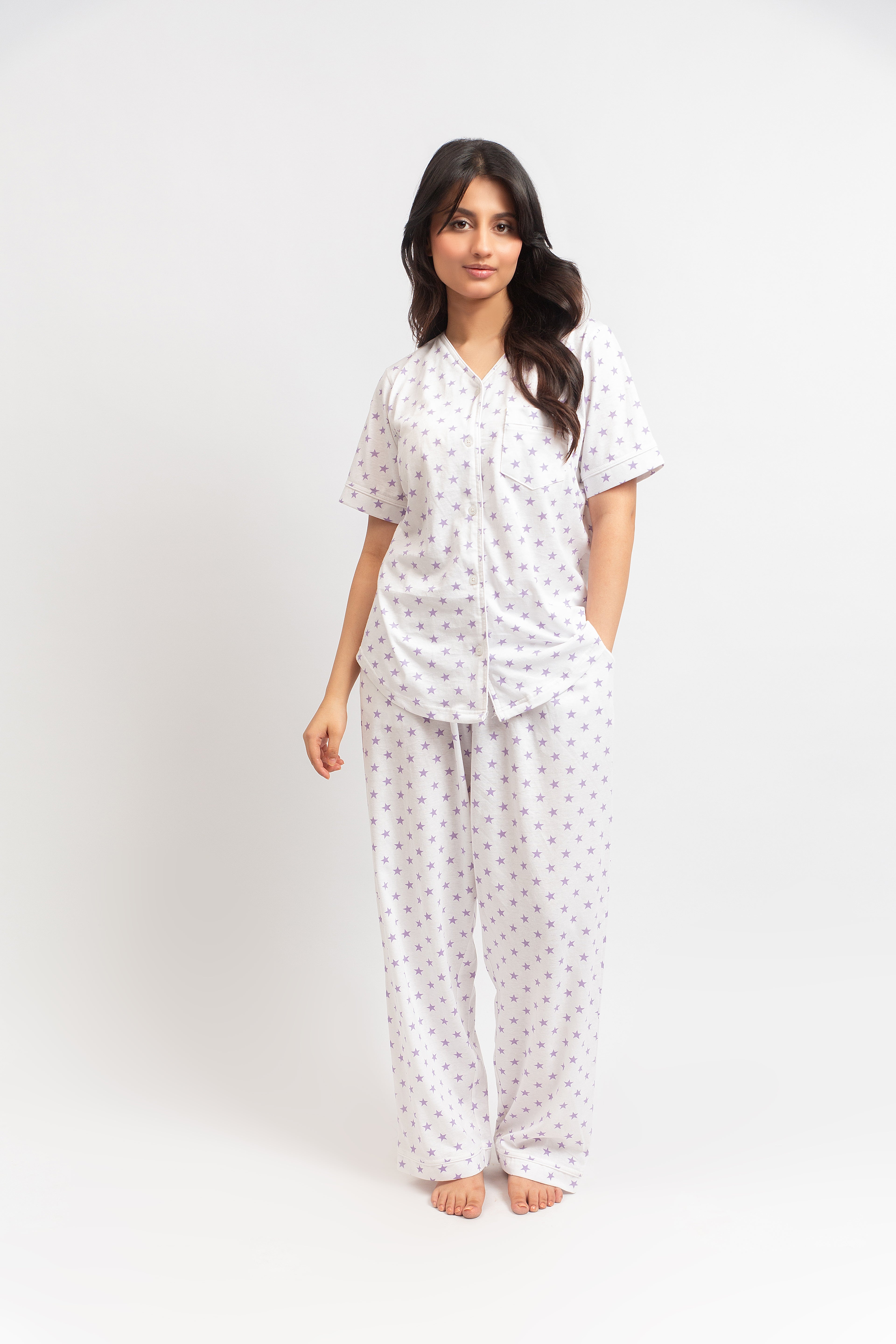 Front Open PJ Set - Lavender Stars