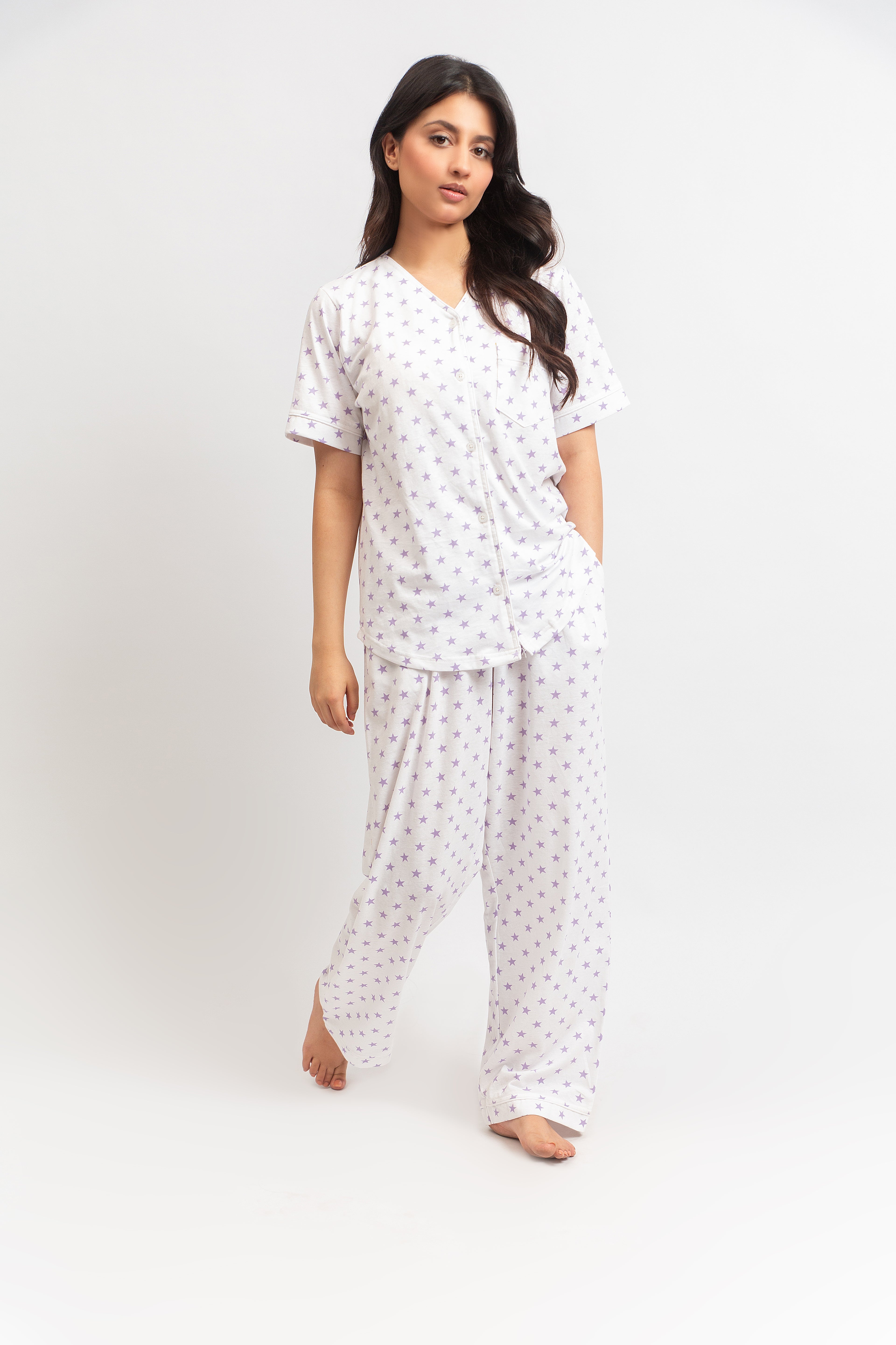 Front Open PJ Set - Lavender Stars