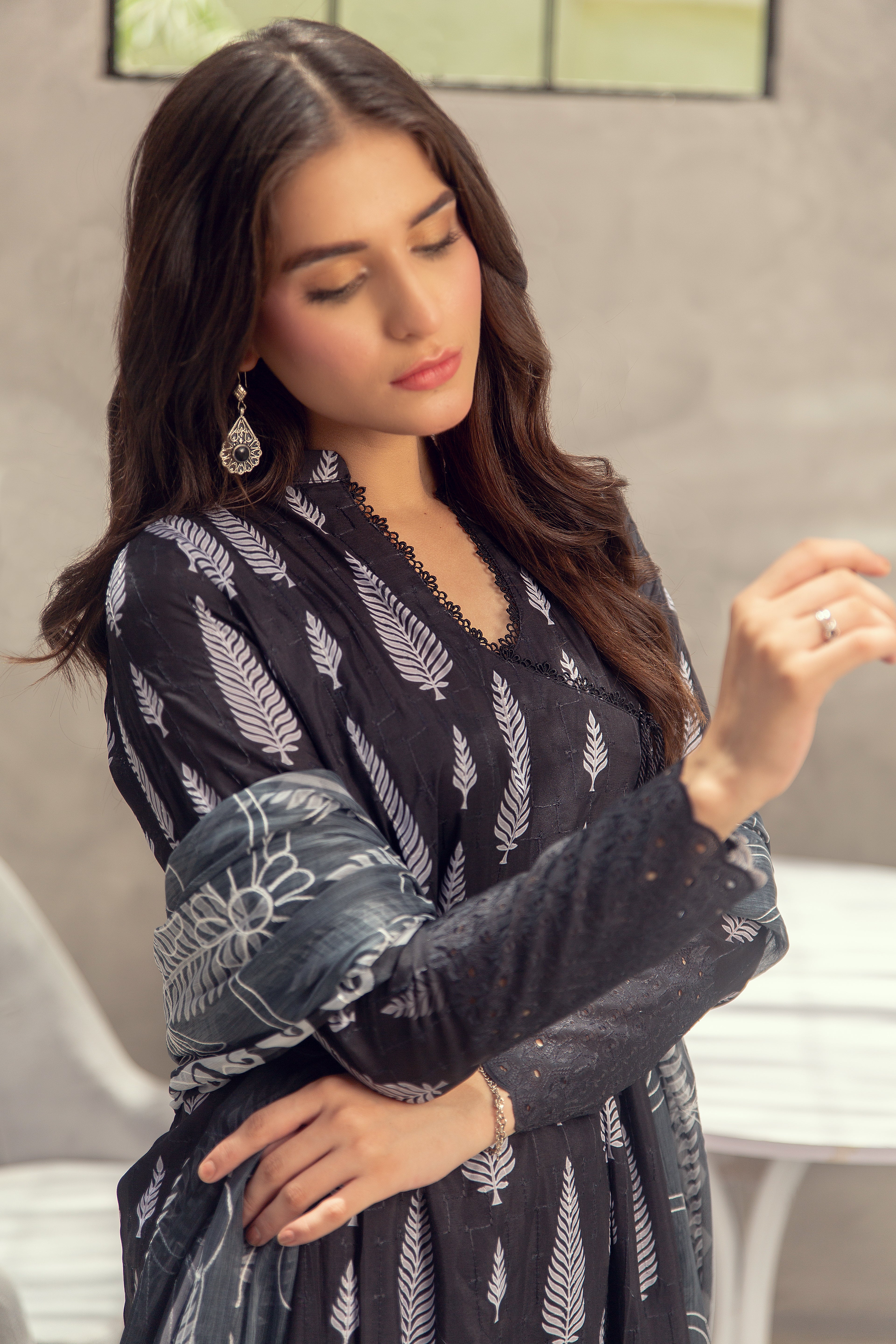 Black Chikan Angrakha - 3 Piece Embroidered Suit
