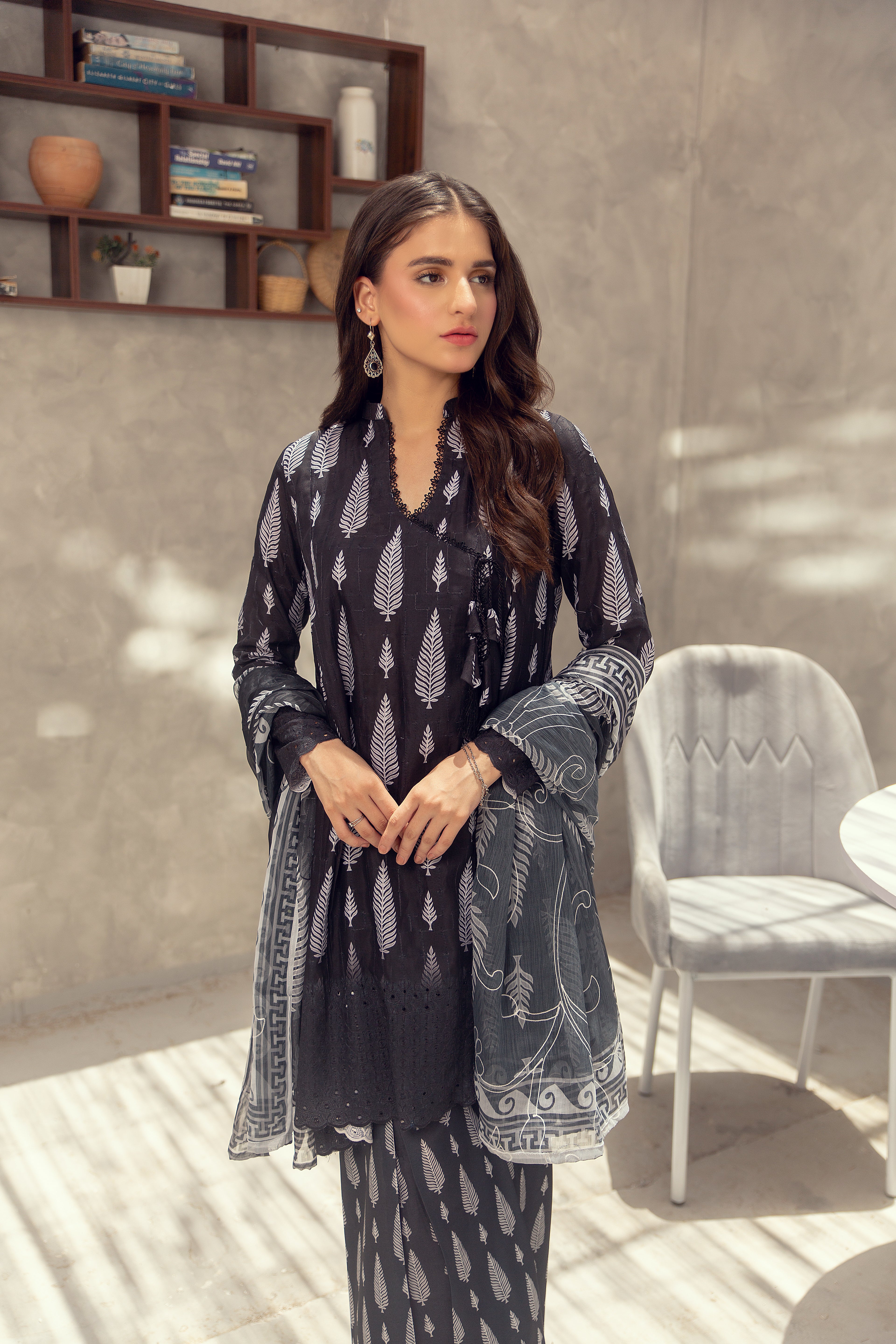 Black Chikan Angrakha - 3 Piece Embroidered Suit