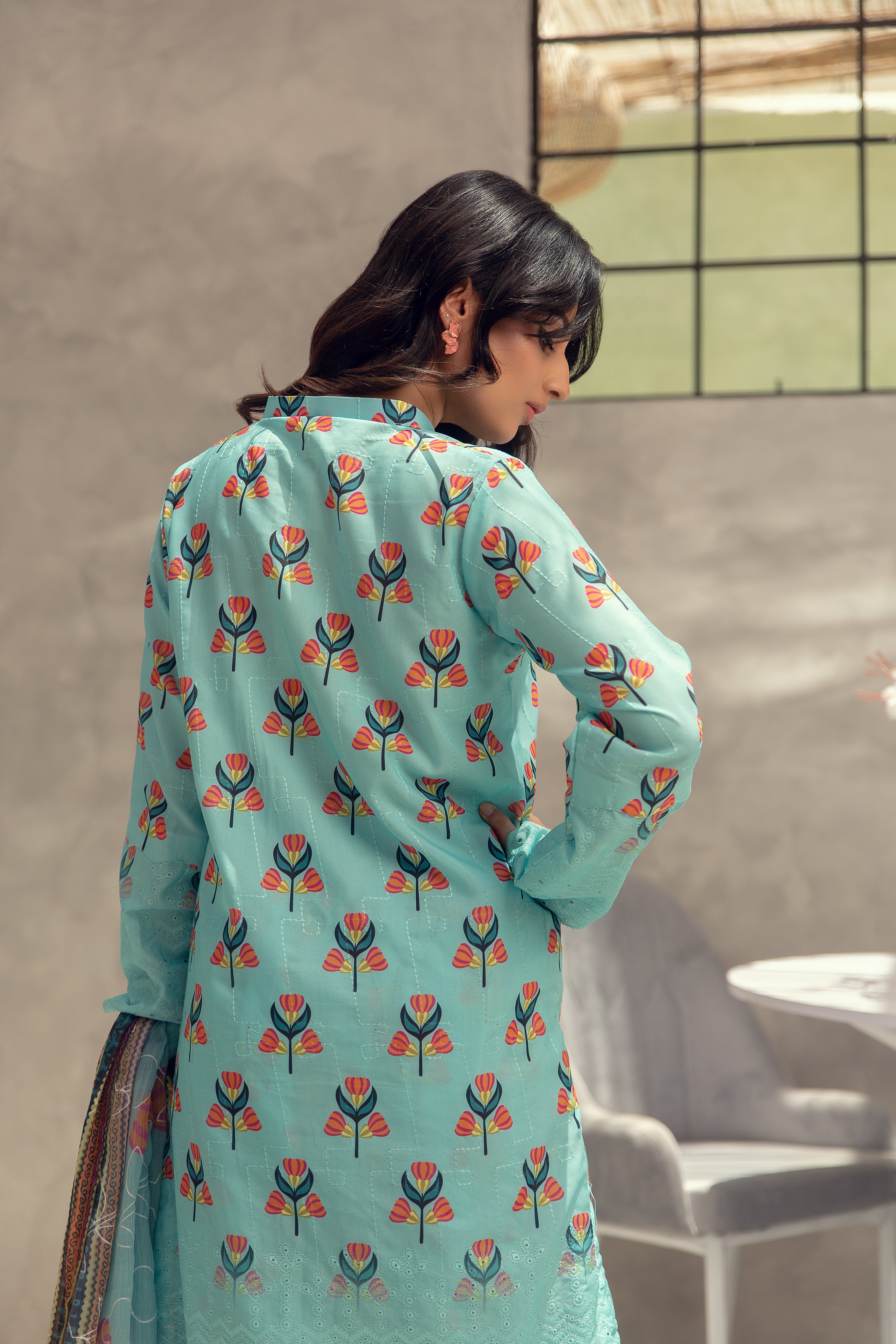 Aqua Floral Embroidered - 3 Piece Suit