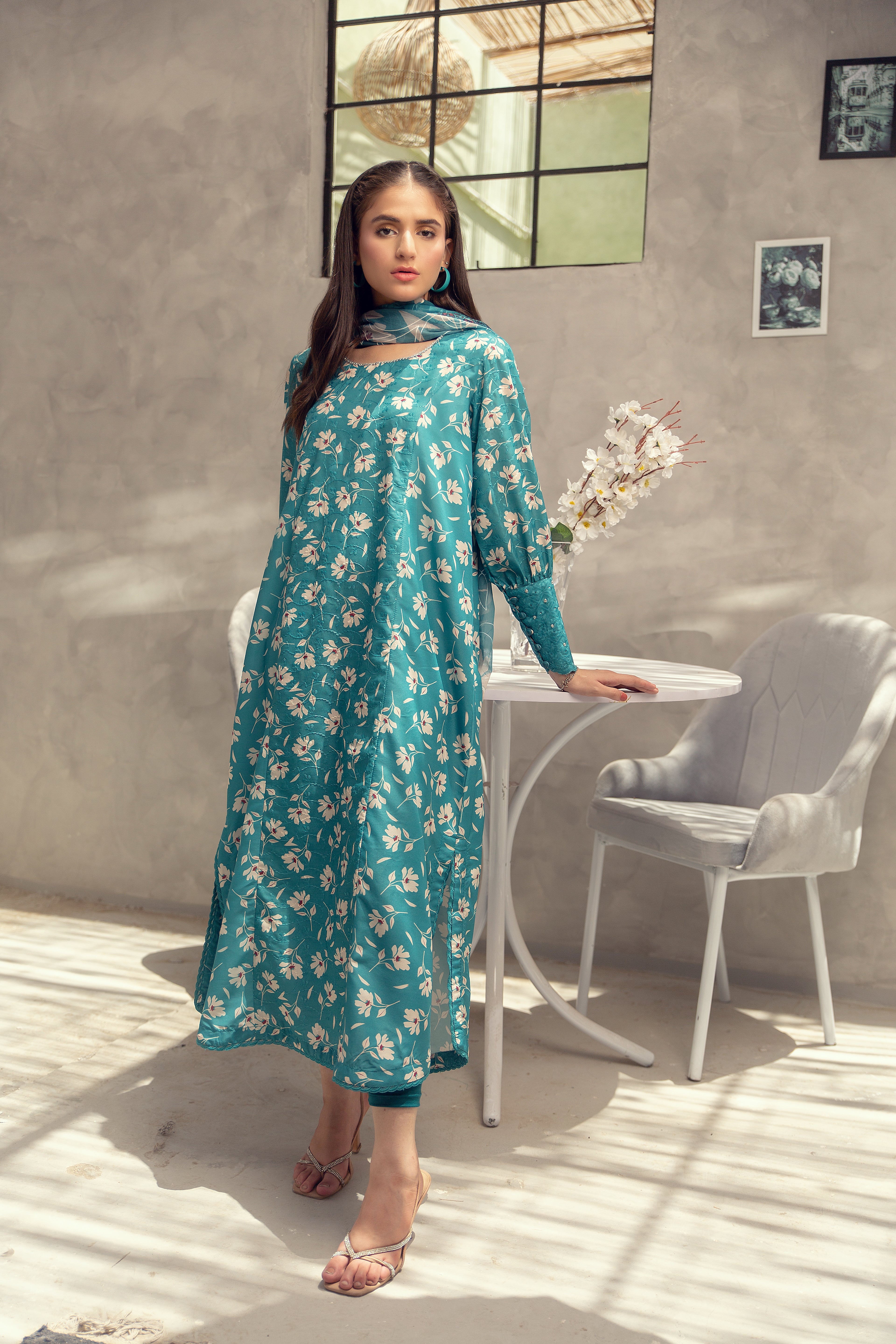 Teal Blossom - 2 Piece Embroidered Set