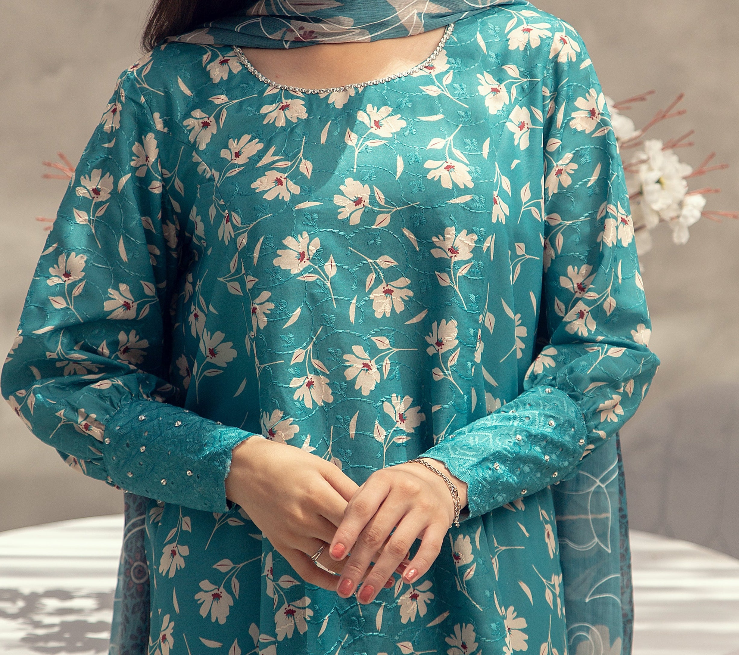 Teal Blossom - 2 Piece Embroidered Set