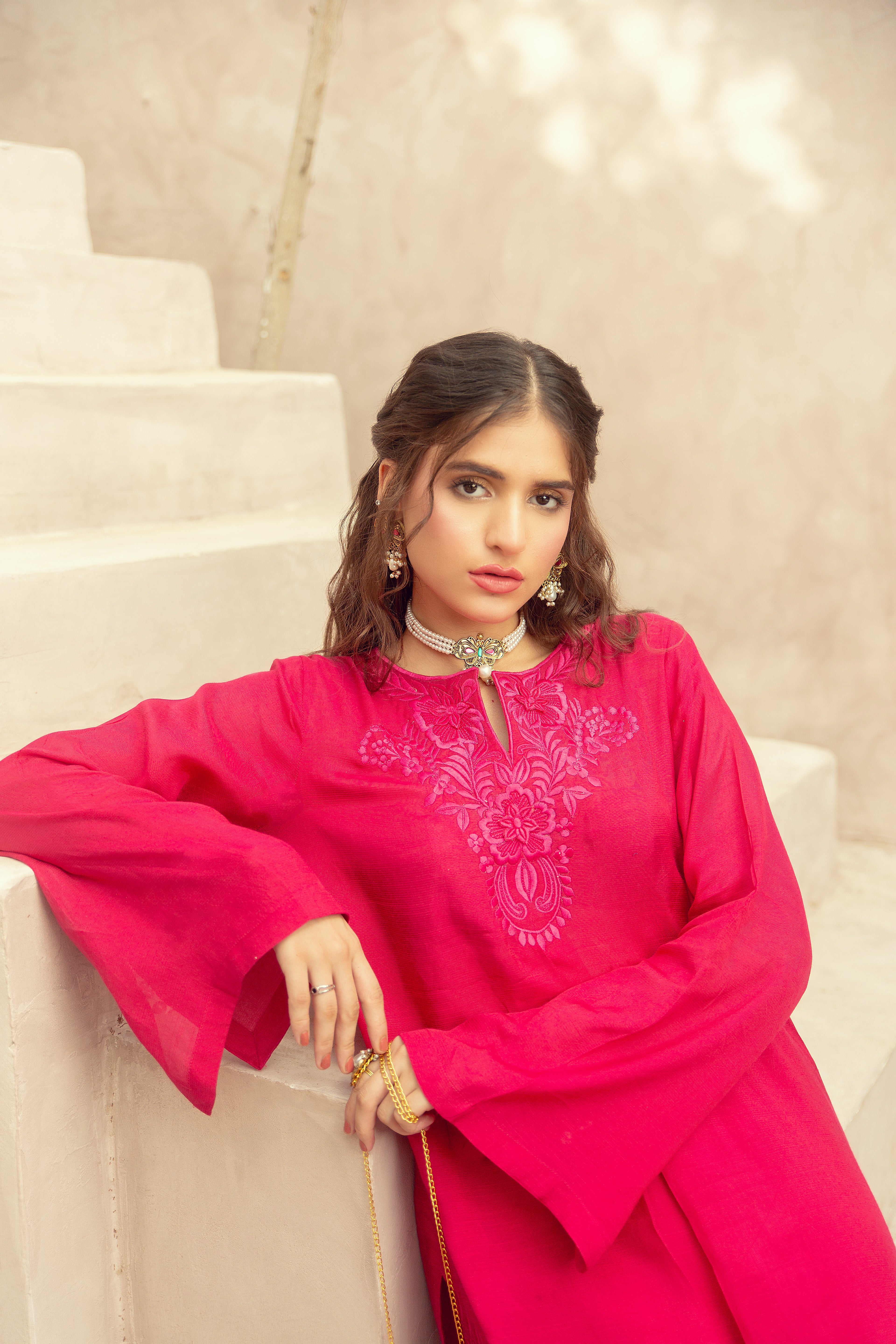 Embroidered Suit - Fuchsia Pink