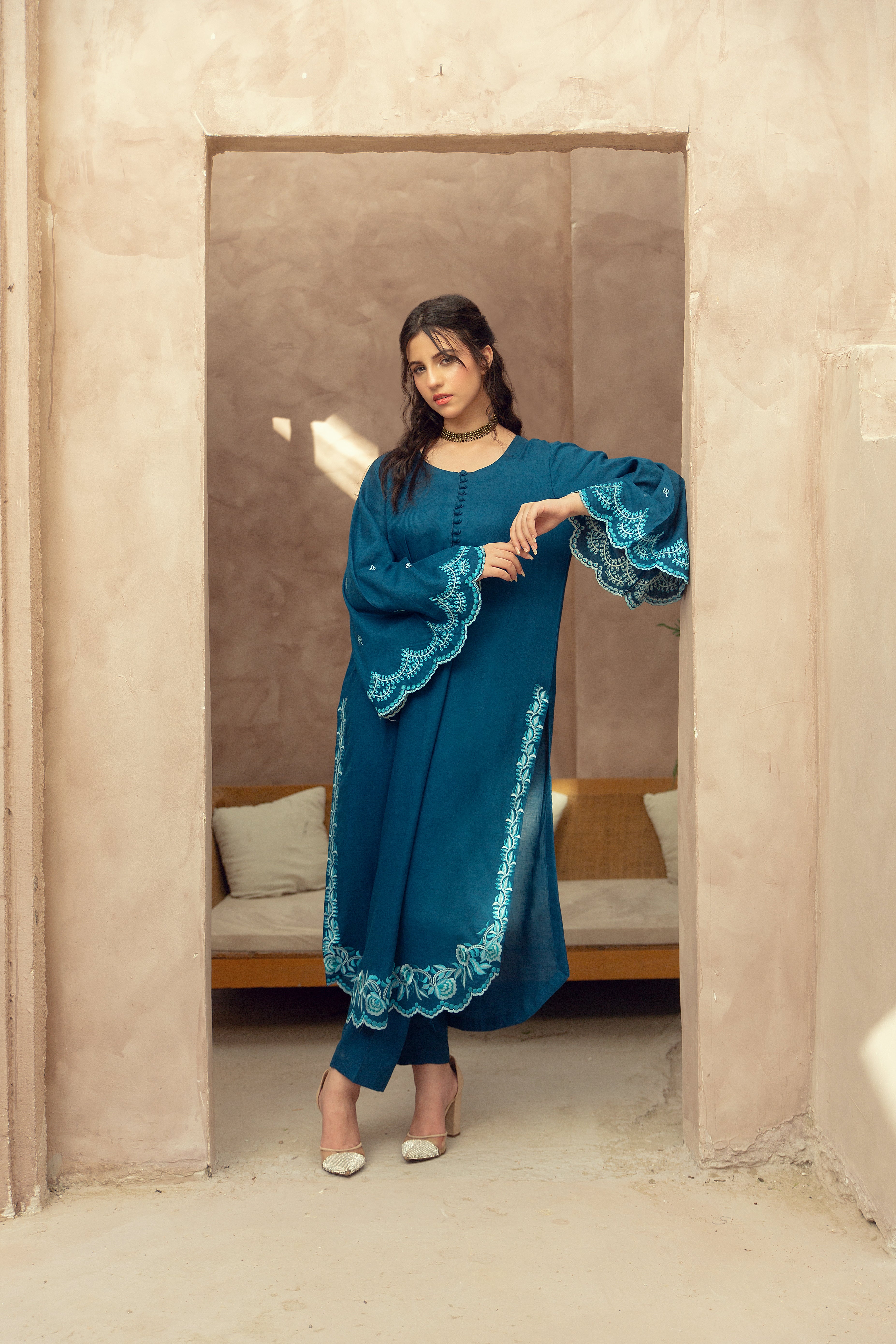 Embroidery Suit -Teal Blue