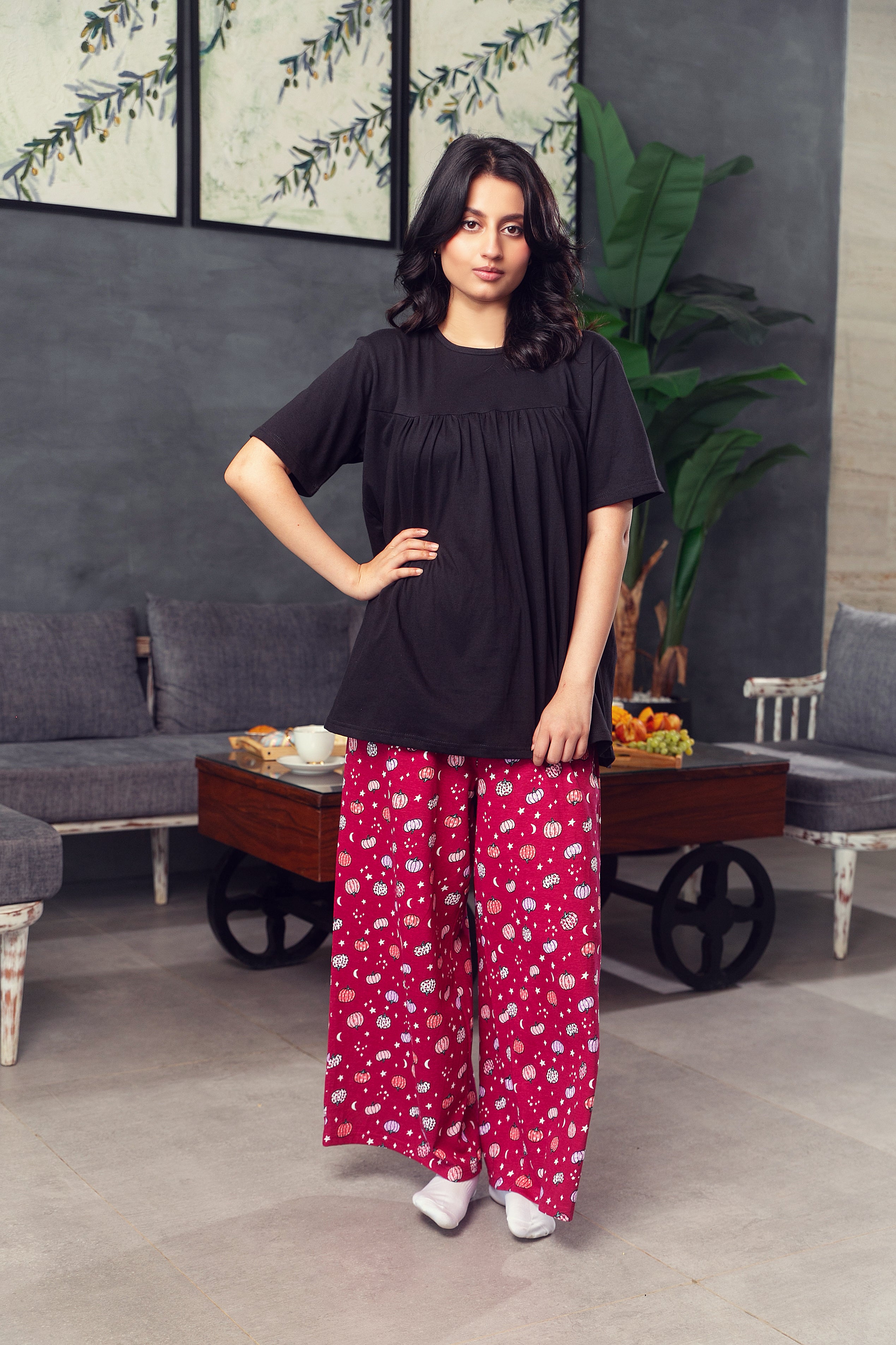 Berry Pumpkin Cotton PJ Set (Black Top)