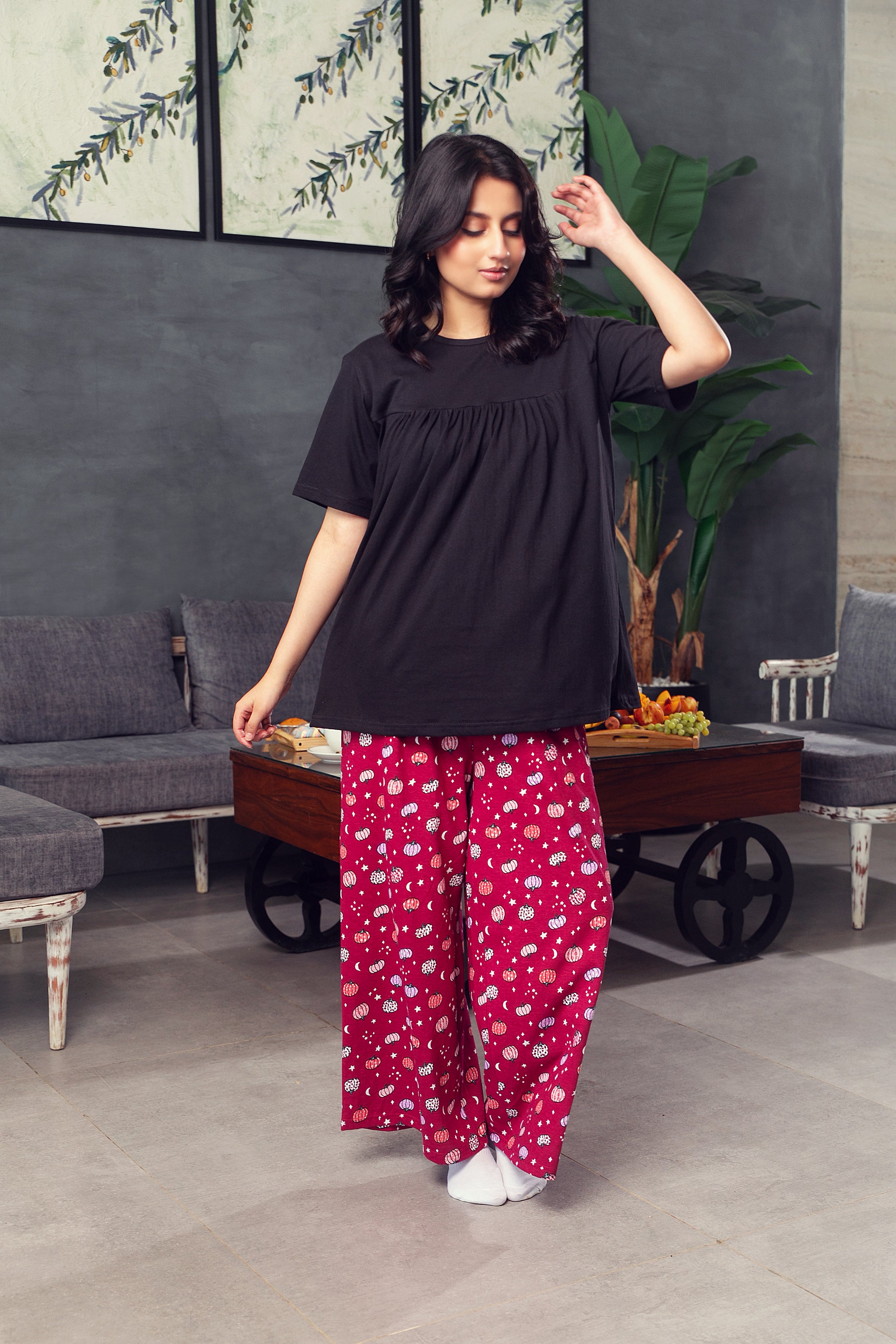 Berry Pumpkin Cotton PJ Set (Black Top)
