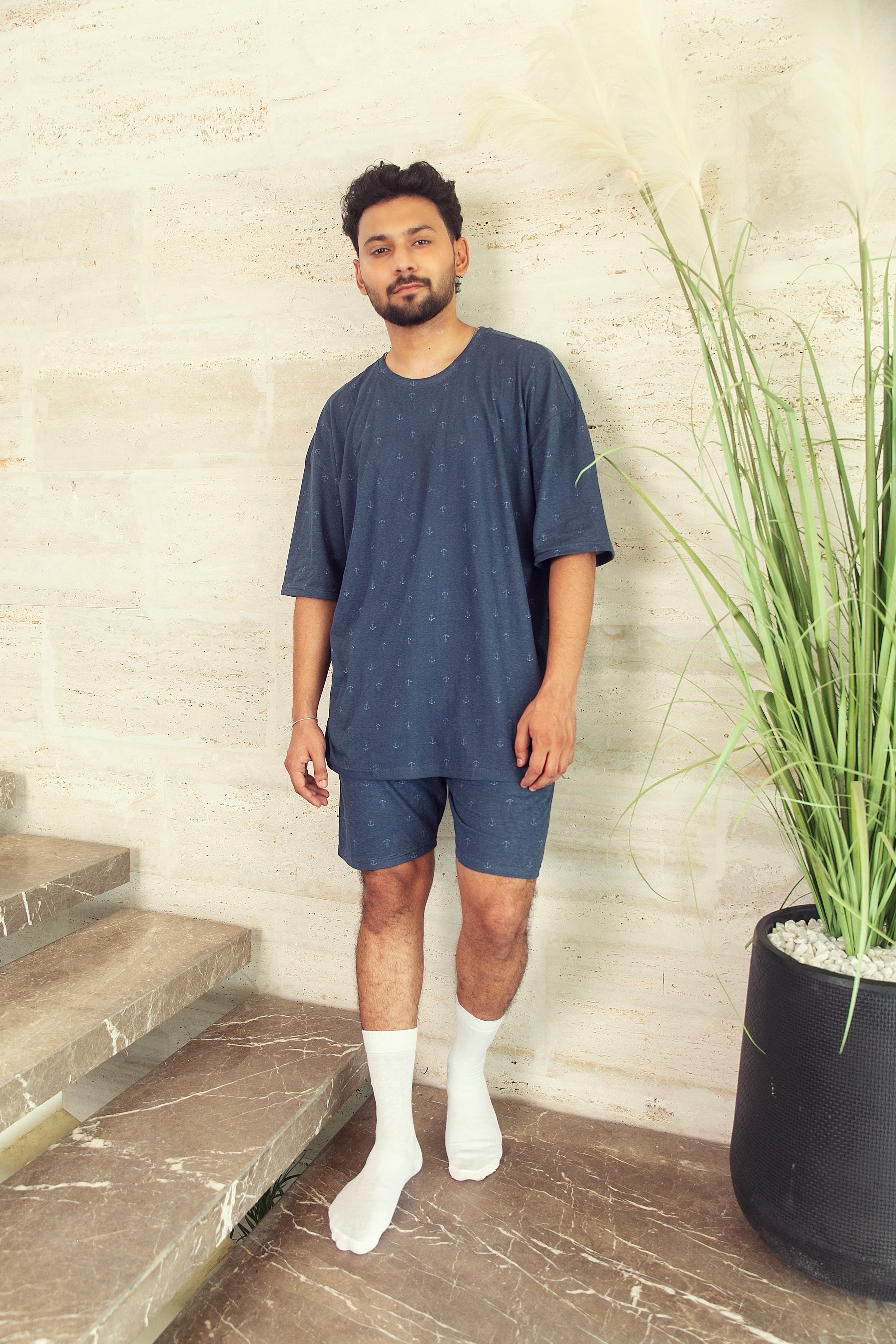 Men's Nightwear - Navy Anchor Shorts Set