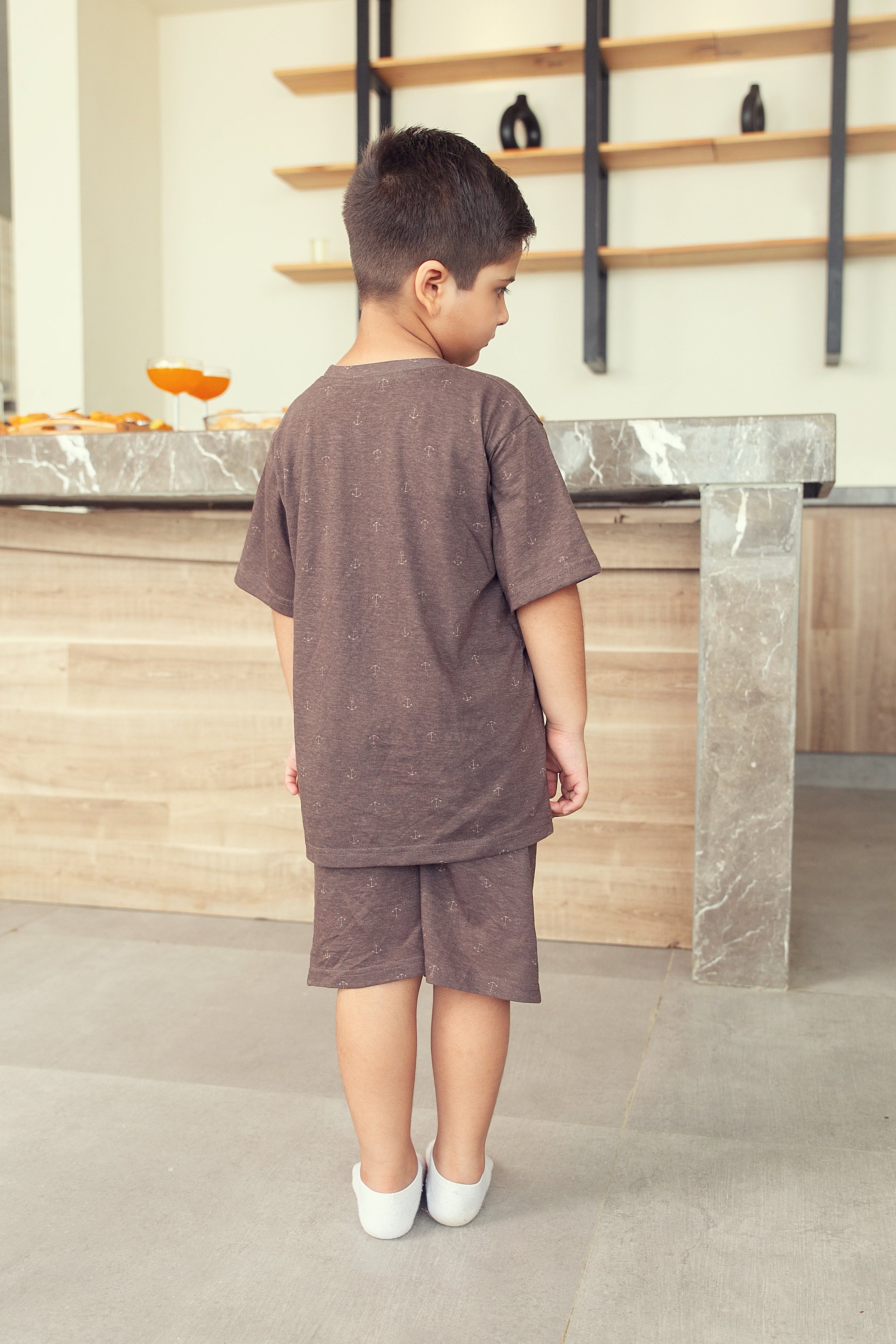Brown Anchor Shorts Set - Boys
