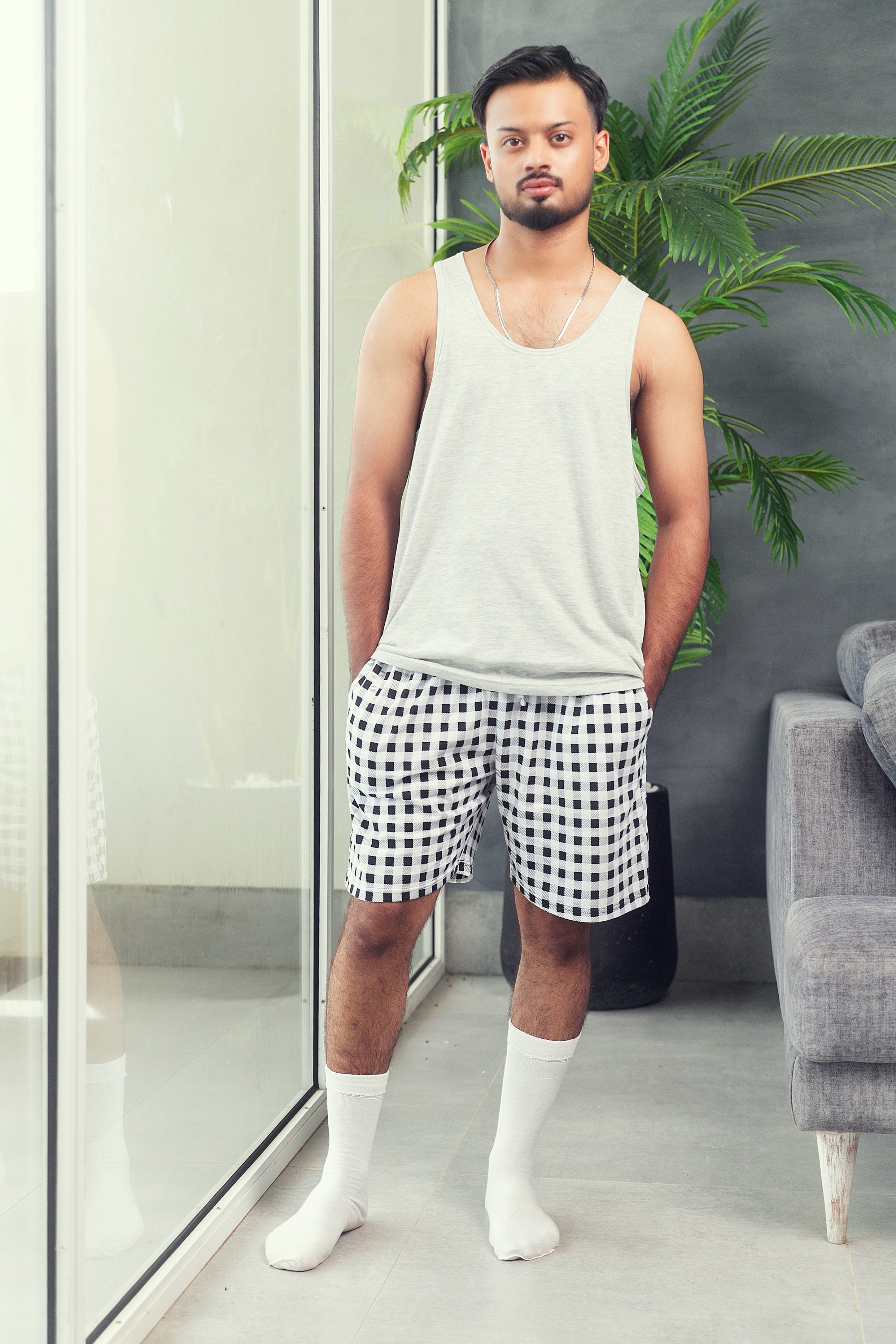 Men's Nightwear - Grey Check Shorts Set