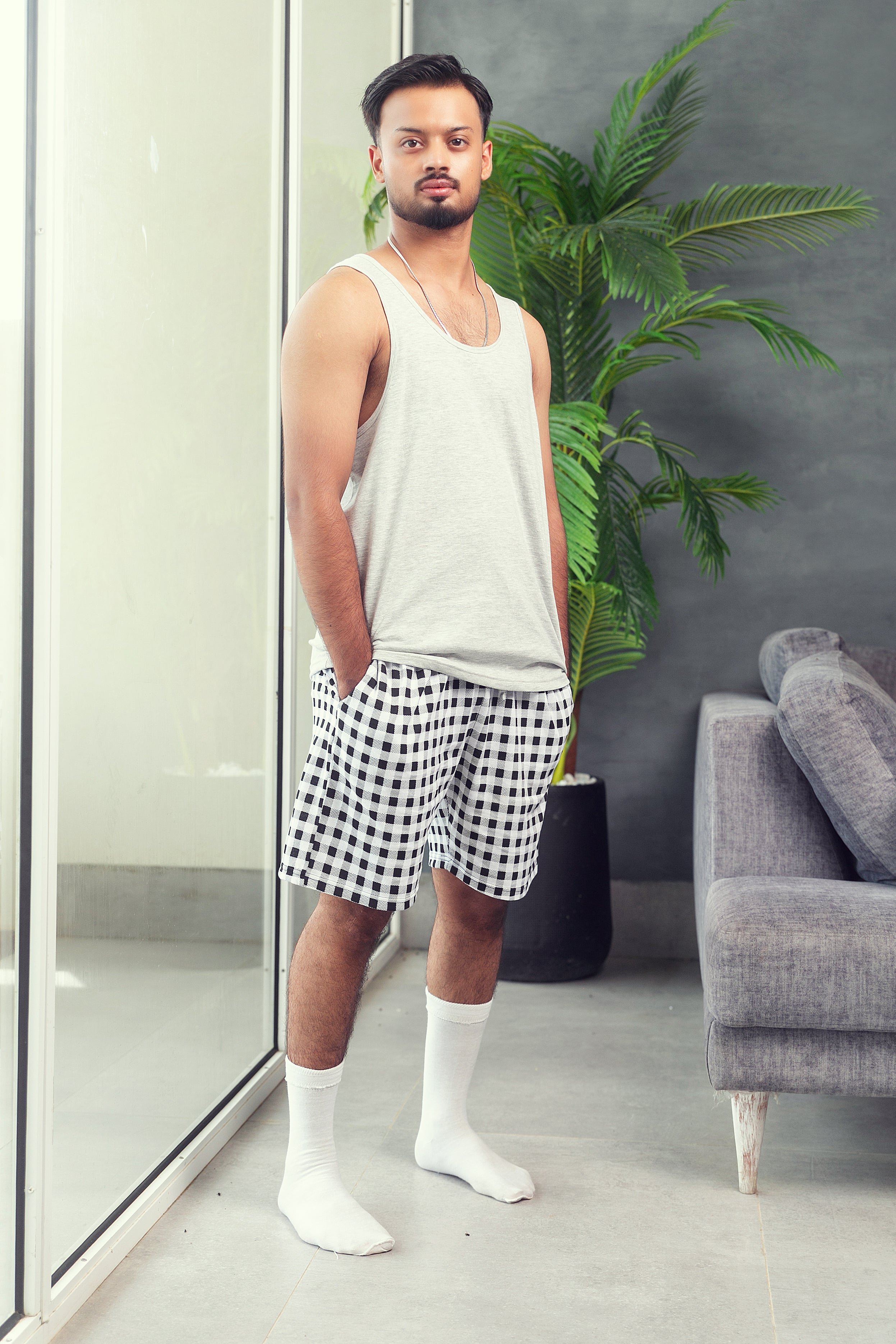 Men's Nightwear - Grey Check Shorts Set