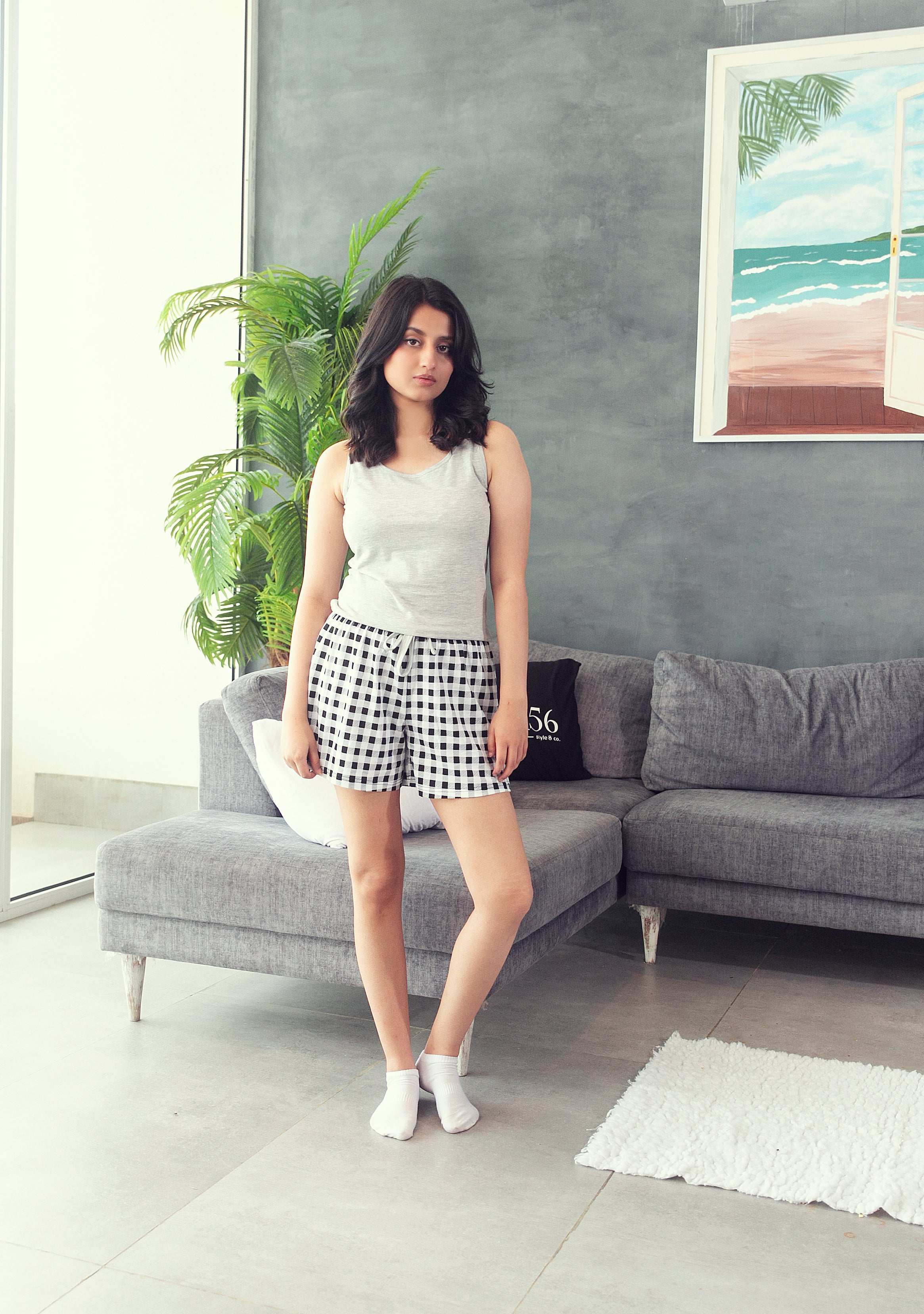 Grey Check Shorts Set- Women