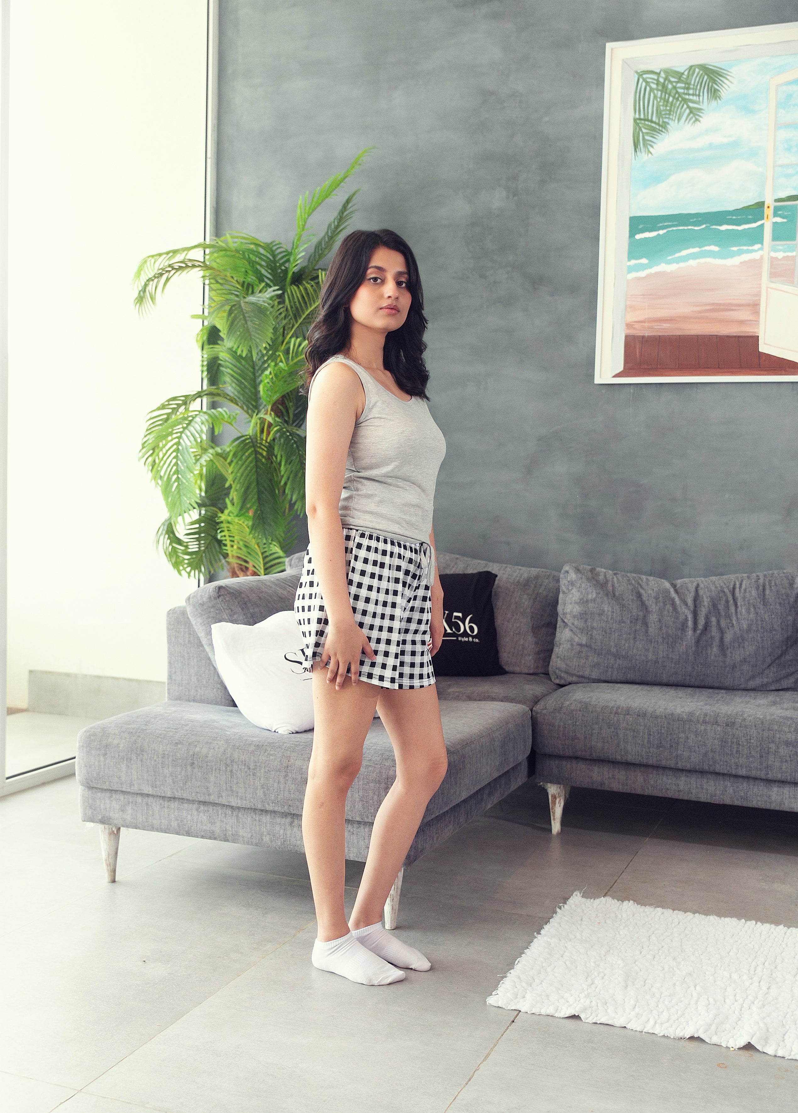 Grey Check Shorts Set- Women