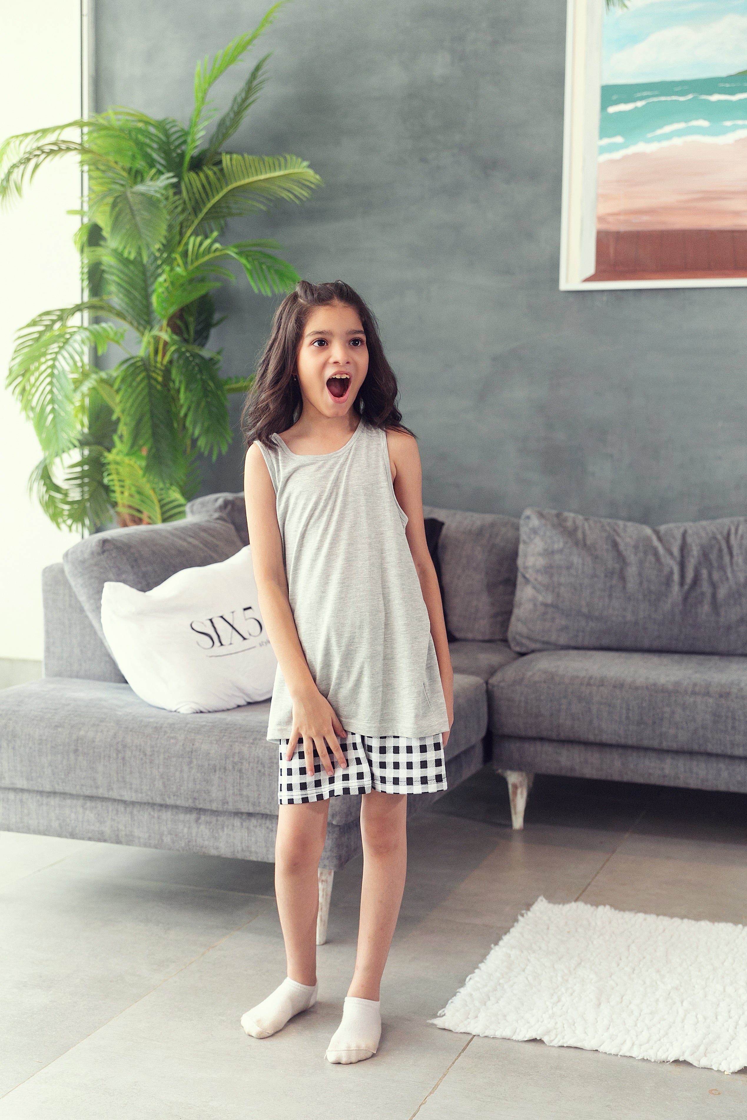 Grey Check Shorts Set - Girls