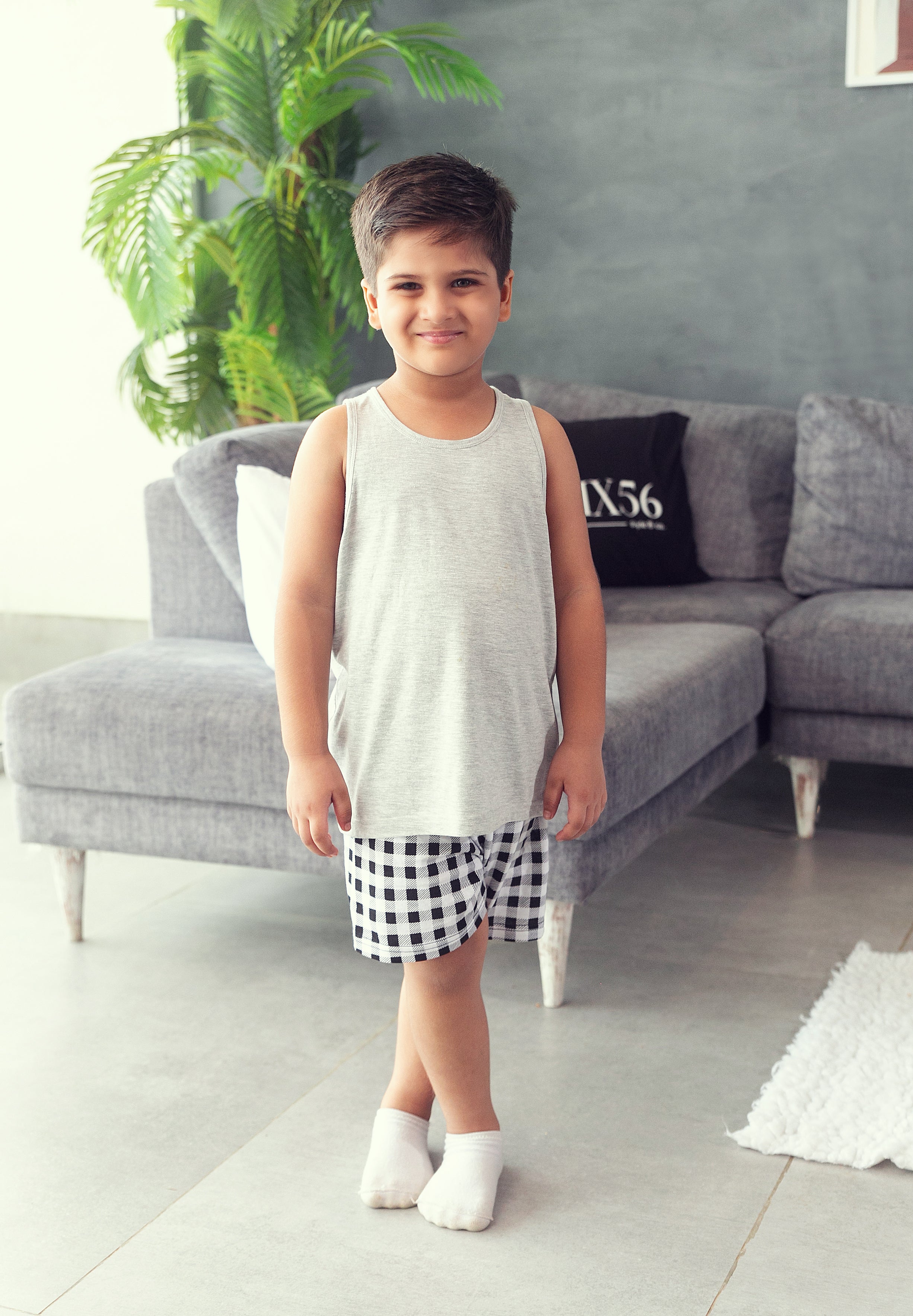 Grey Check Shorts Set - Boys