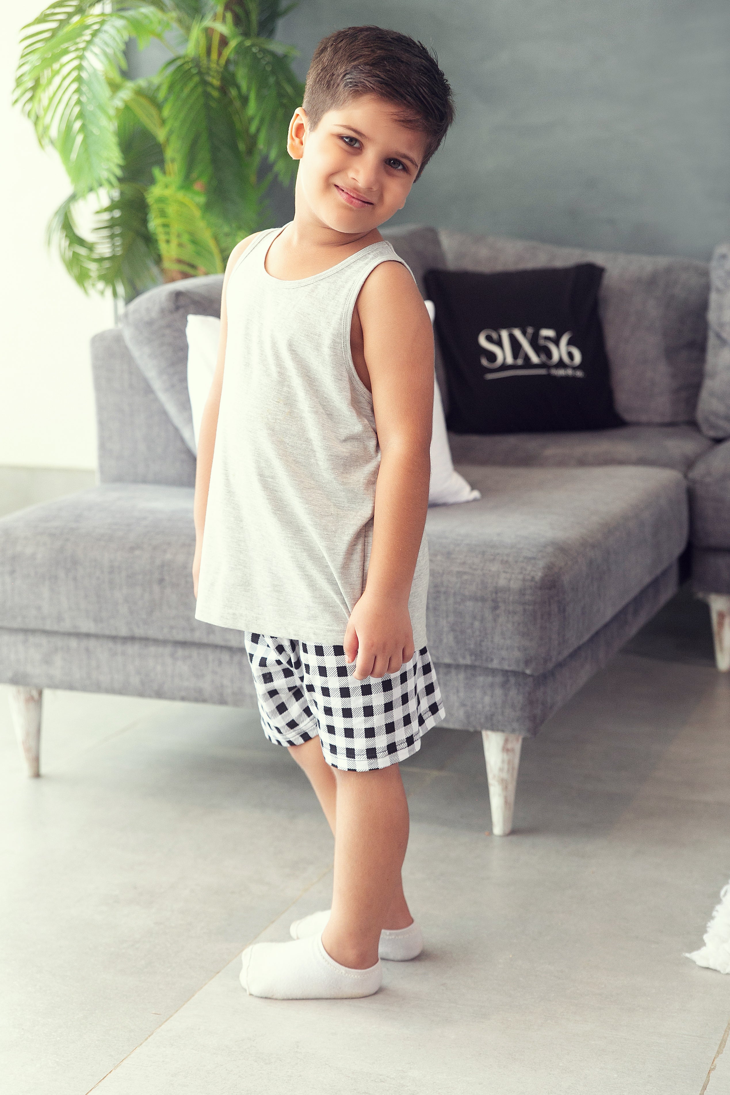 Grey Check Shorts Set - Boys