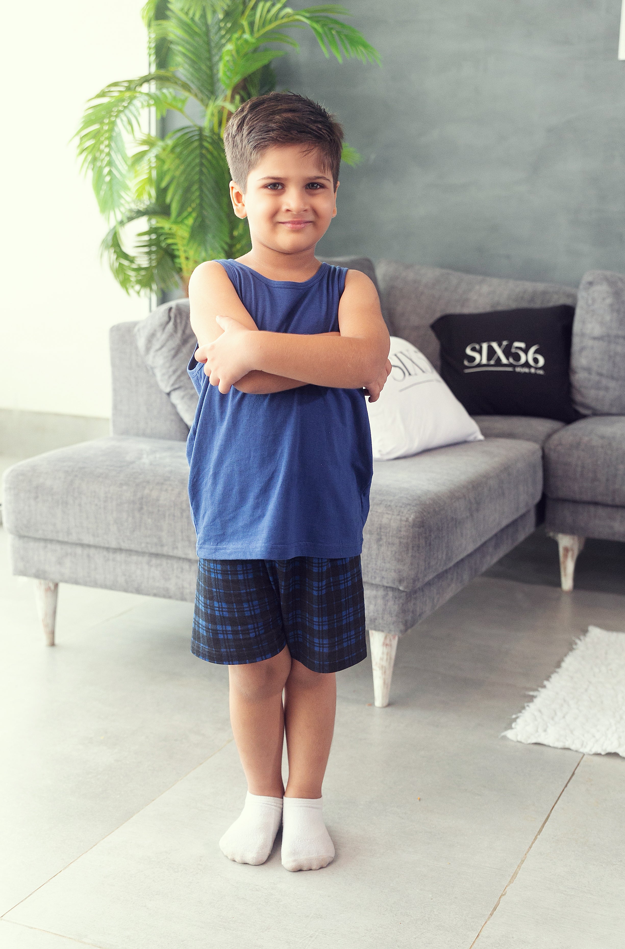 Black and Navy Check Shorts Set - Boys