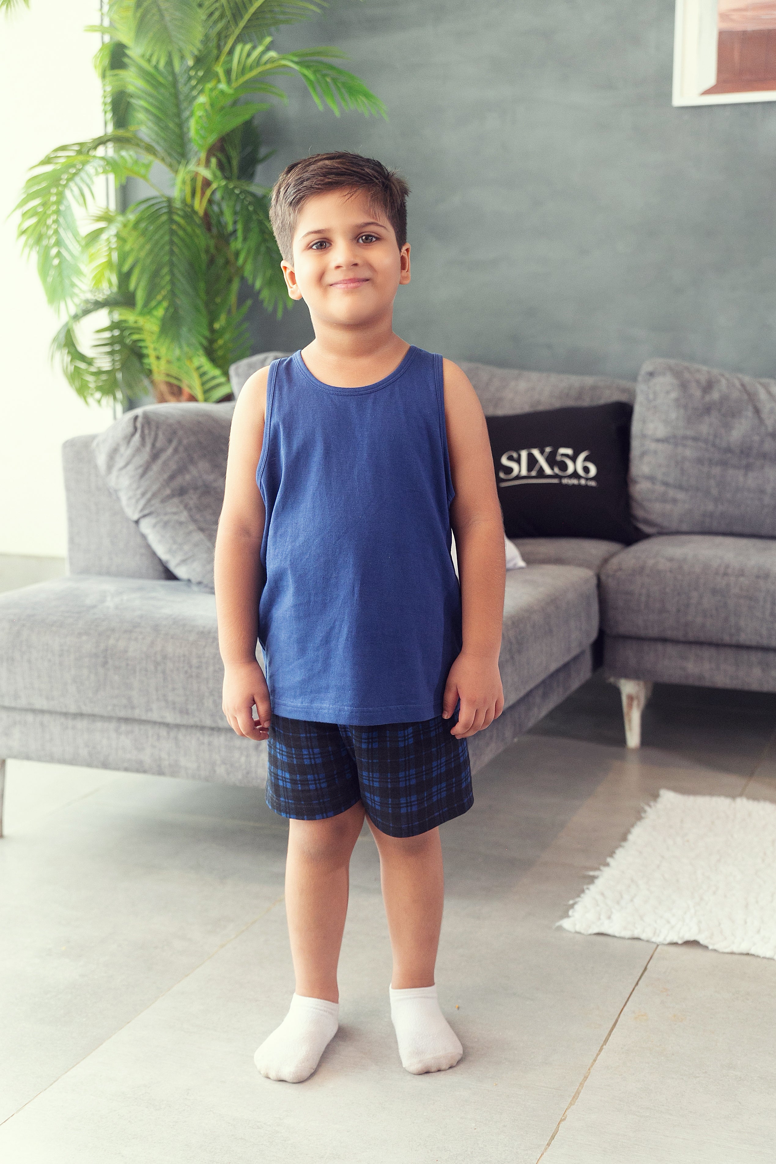 Black and Navy Check Shorts Set - Boys