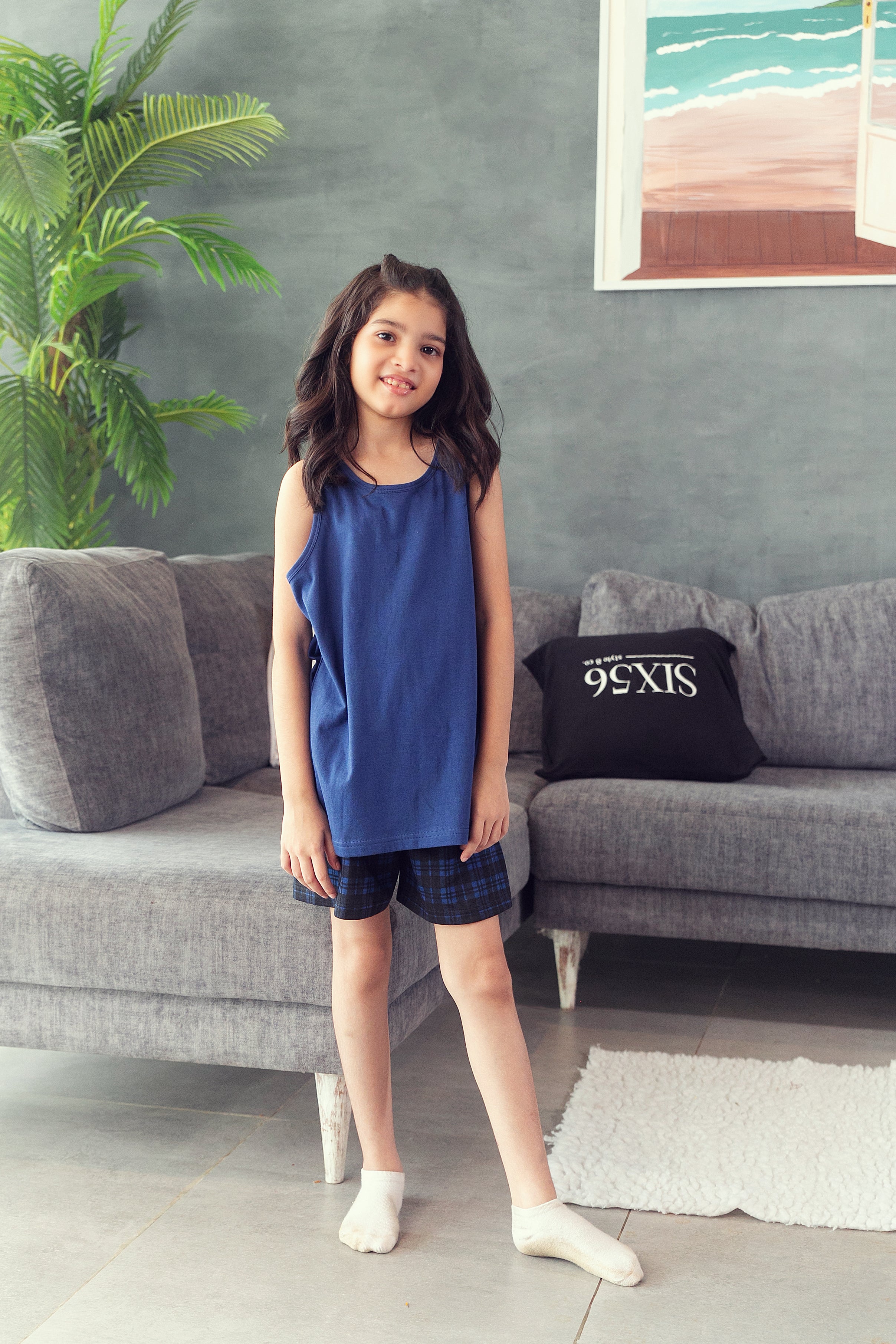 Black and Navy Check Shorts Set - Girls