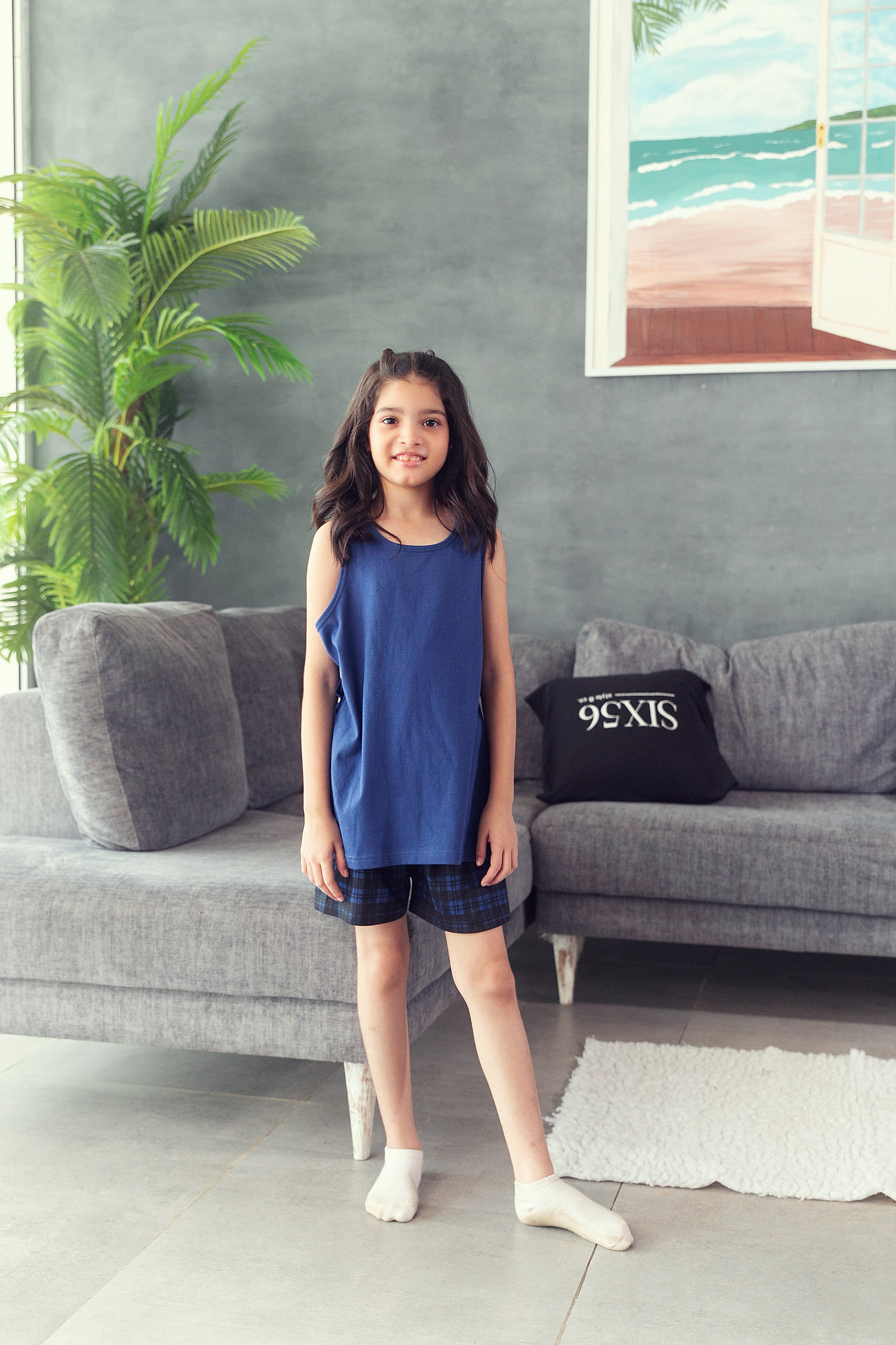 Black and Navy Check Shorts Set - Girls