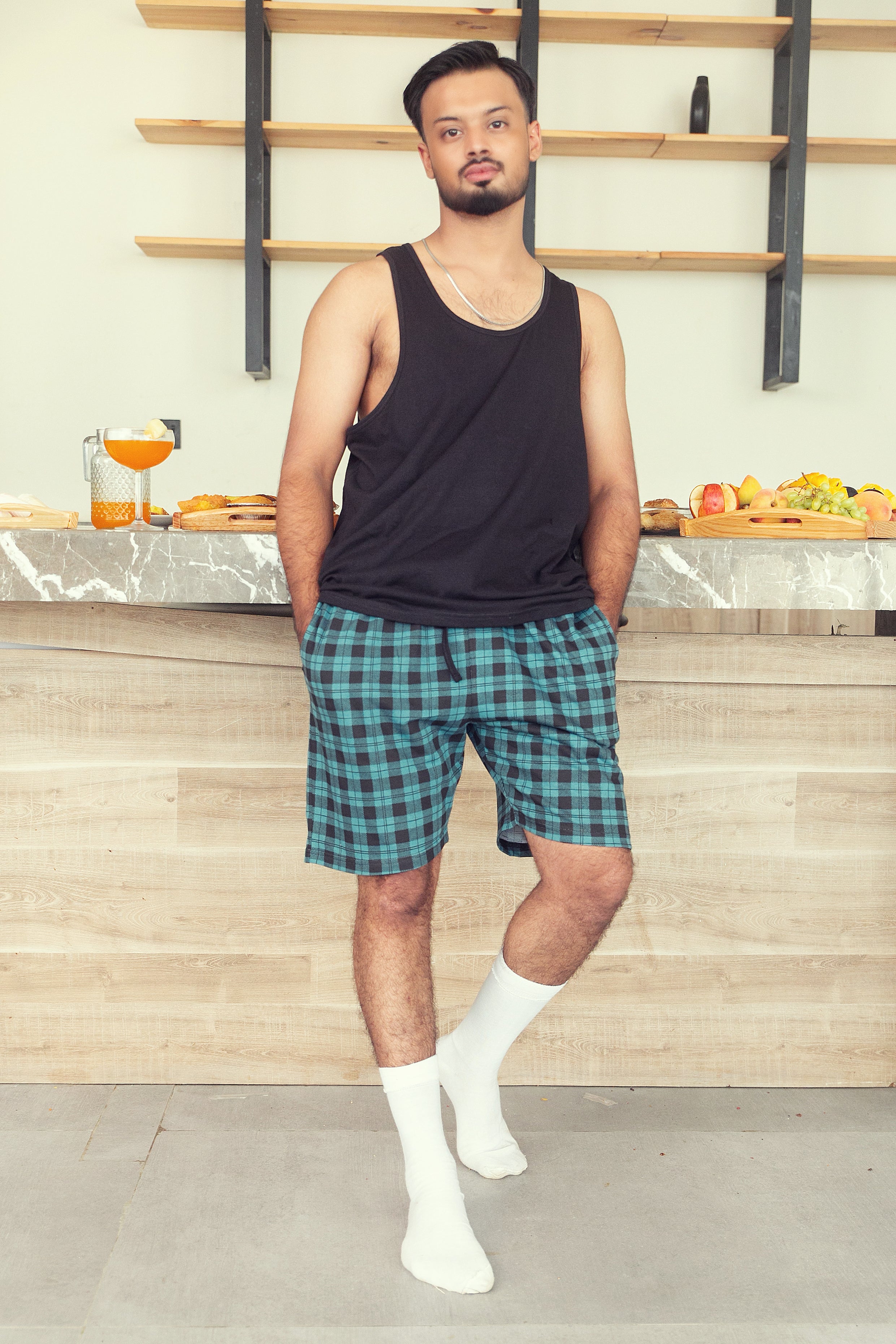 Men's Nightwear - Black and Green Check Shorts Set