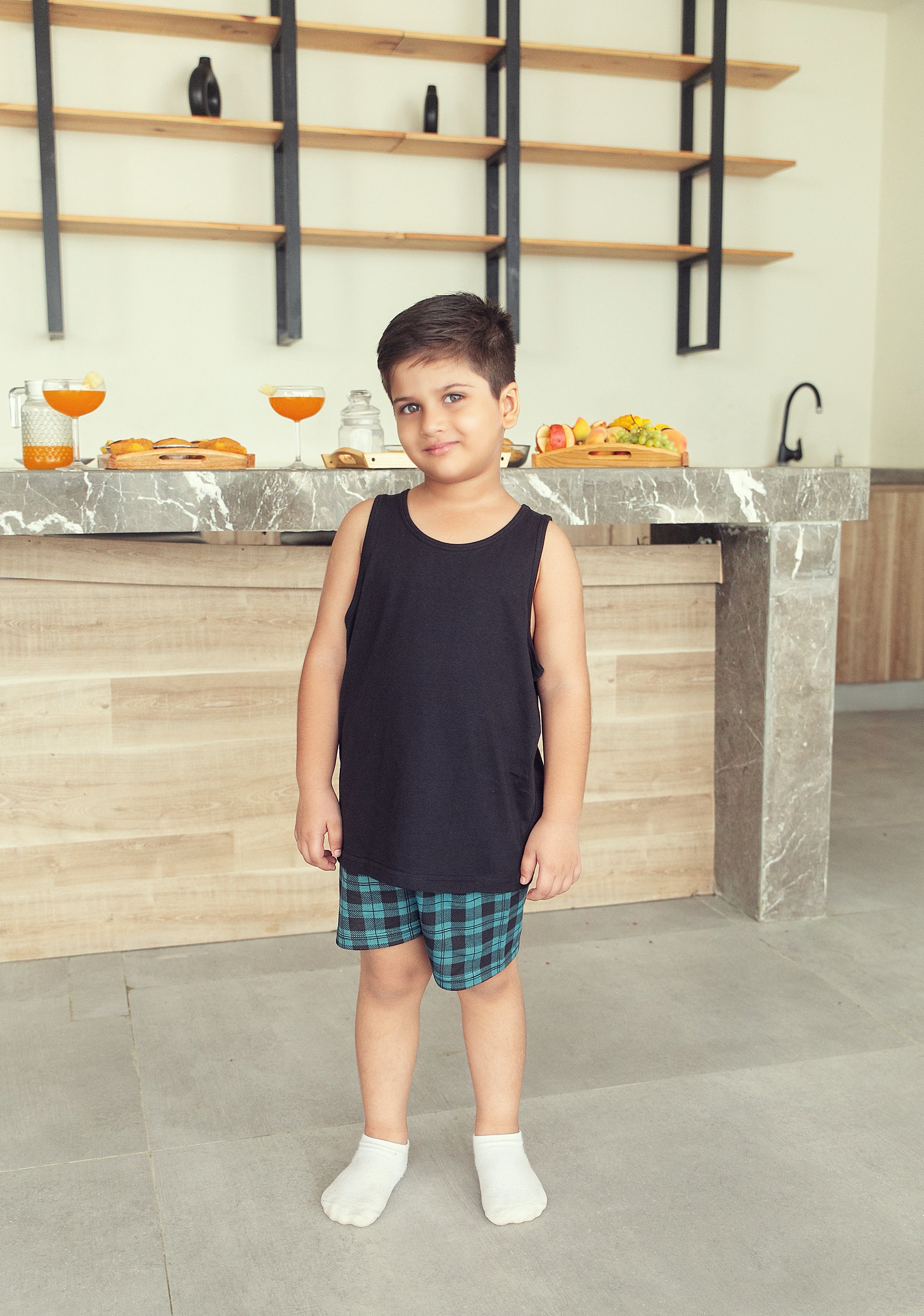 Black and Green Check Shorts Set - Boys