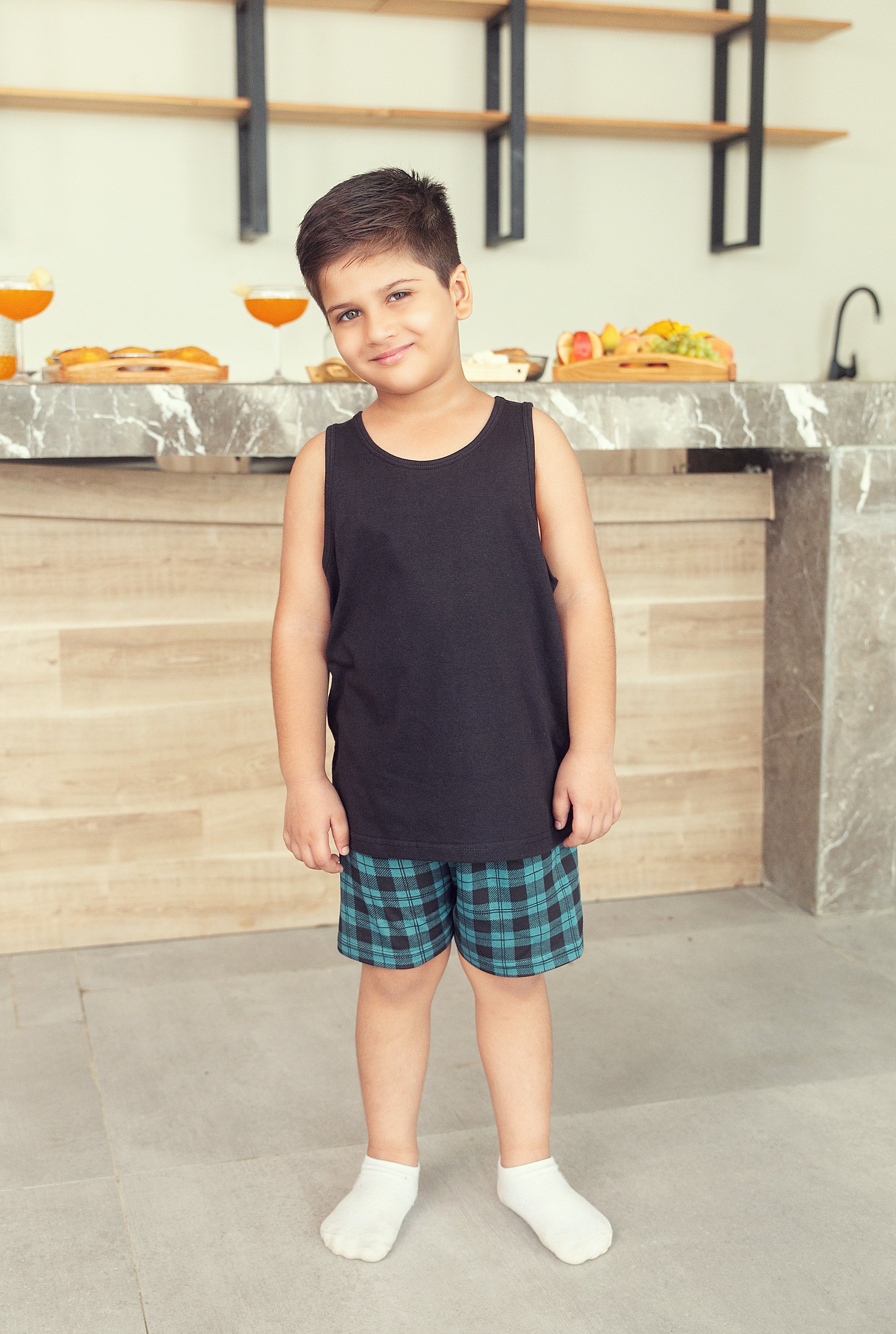 Black and Green Check Shorts Set - Boys
