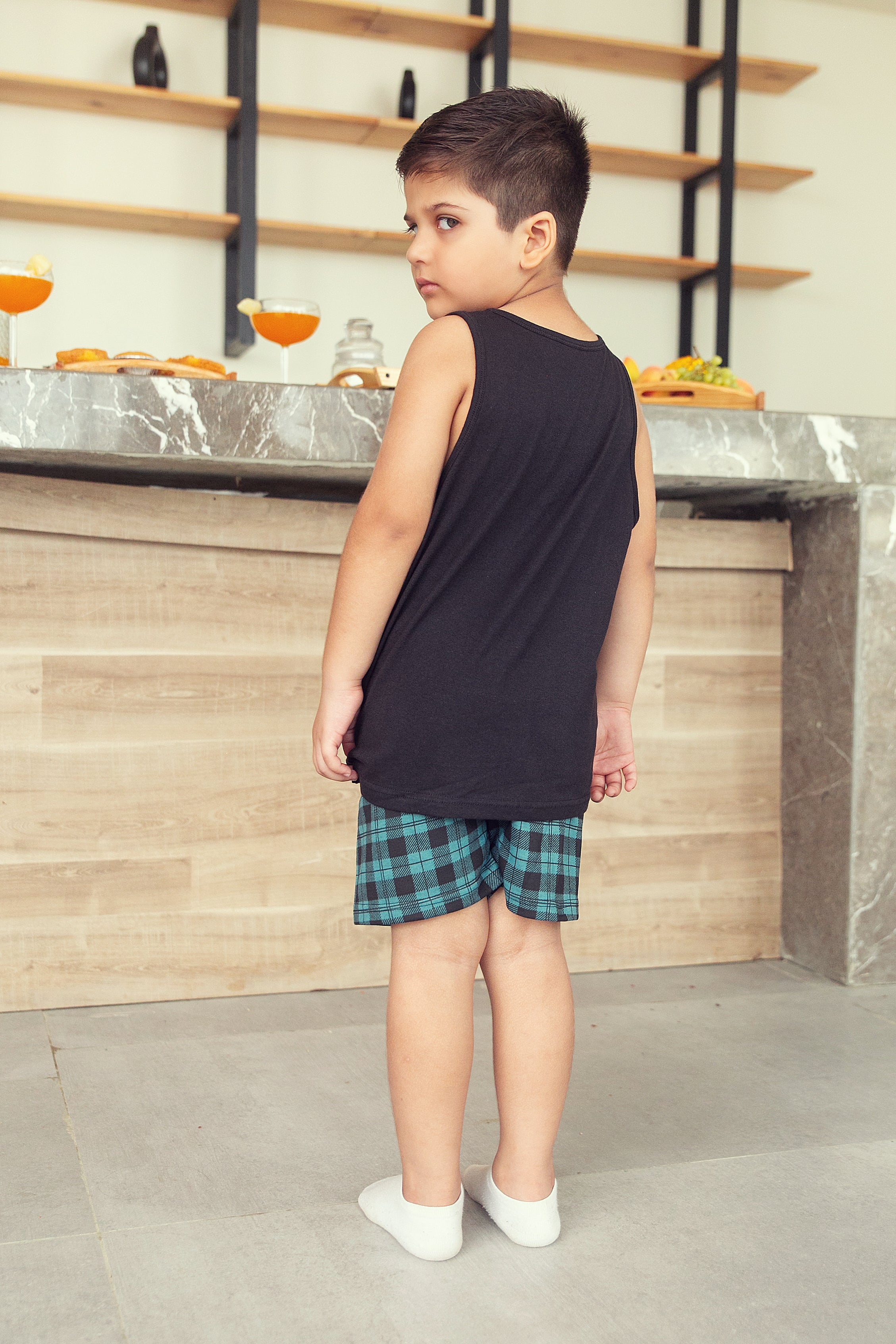 Black and Green Check Shorts Set - Boys