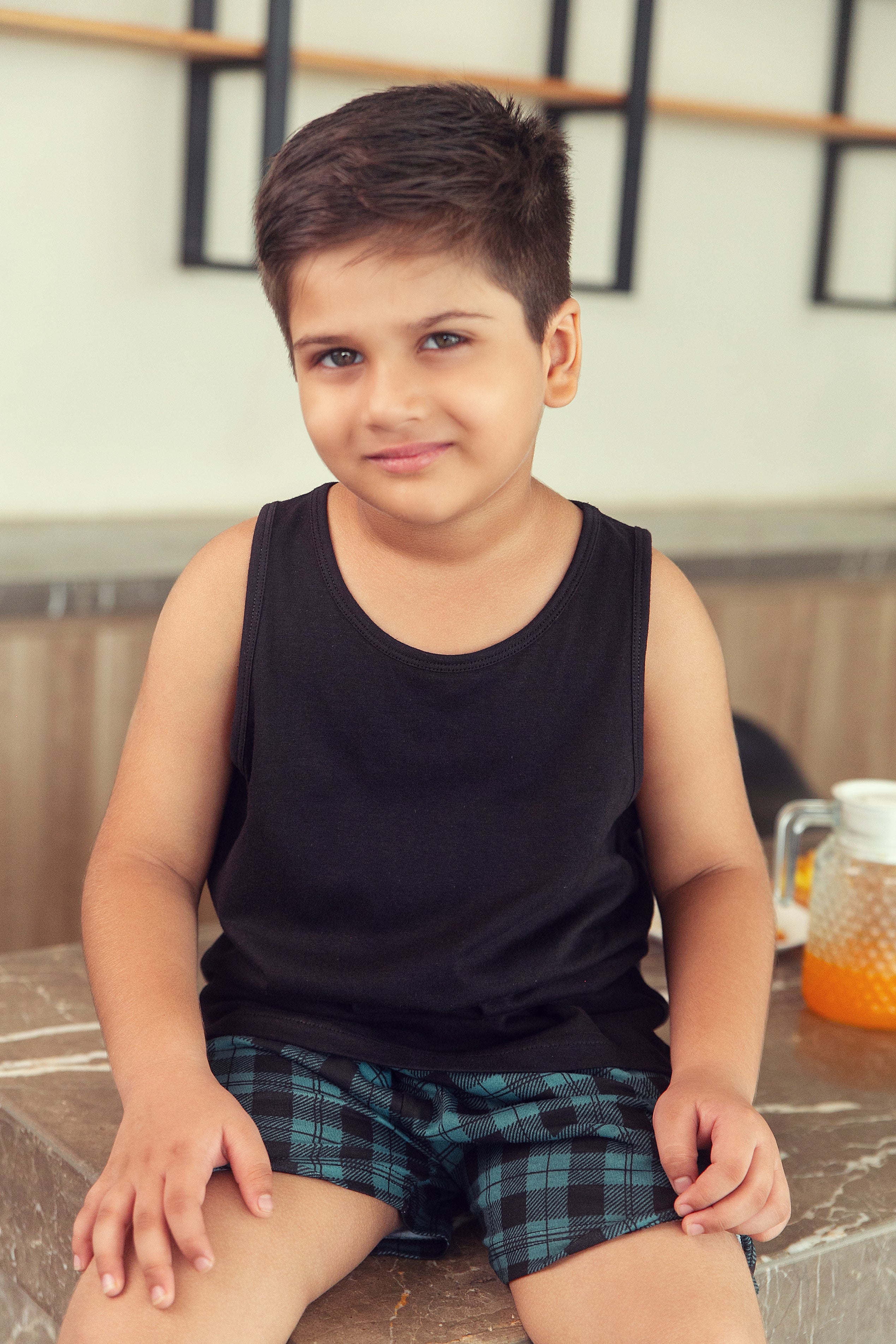 Black and Green Check Shorts Set - Boys