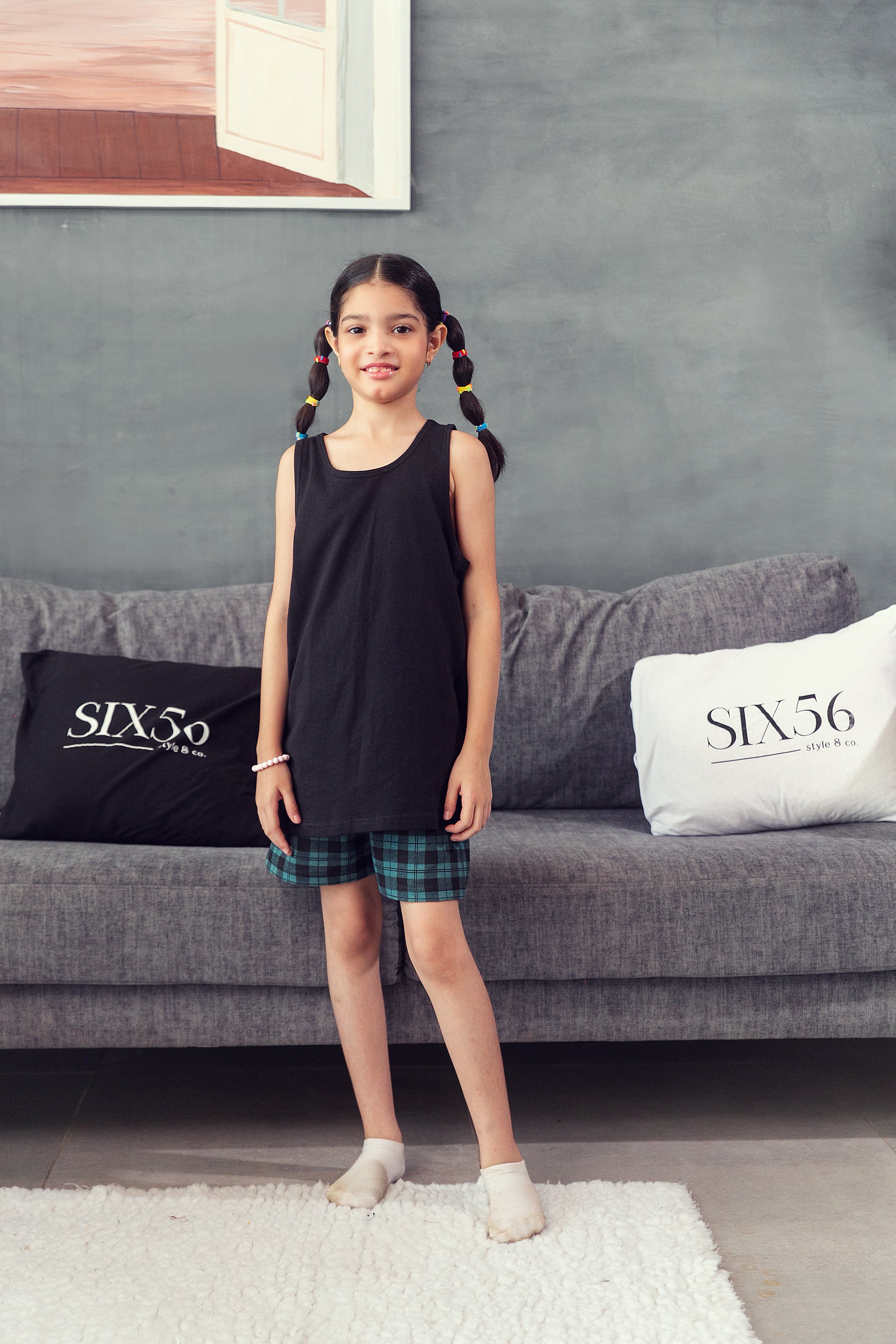 Black and Green Check Shorts Set - Girls