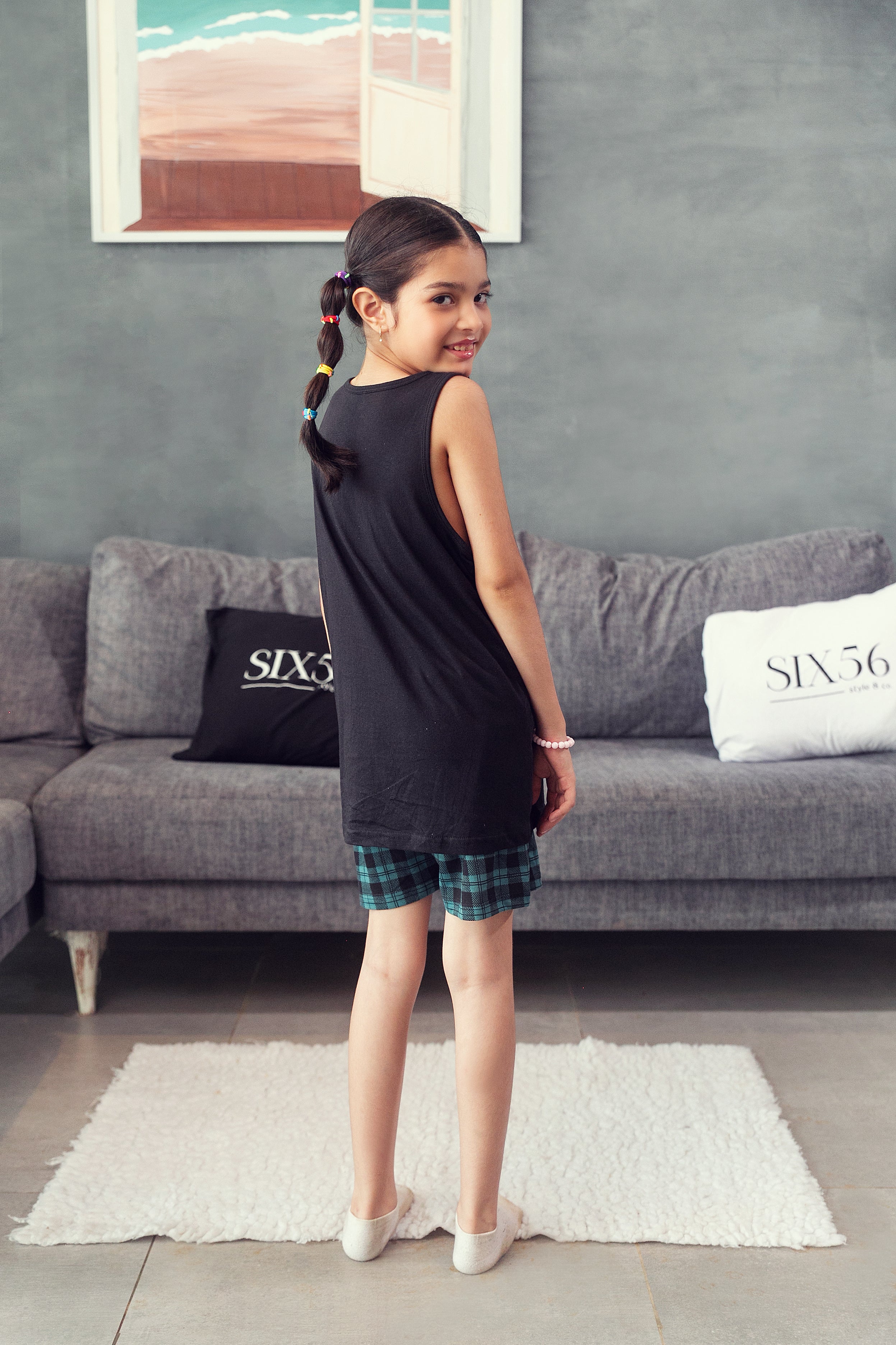 Black and Green Check Shorts Set - Girls